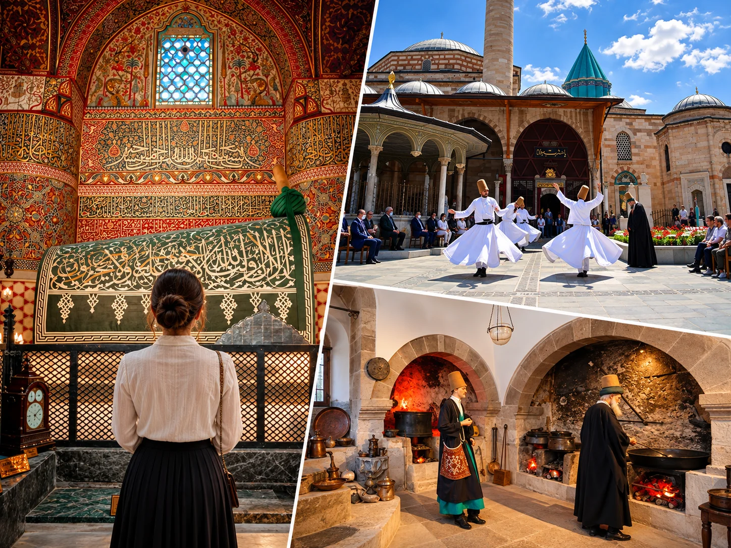 Mevlana Müzesi kolajı: yeşil örtülü sanduka, avluda Sema mukabelesi ve dergâh mutfağı canlandırması