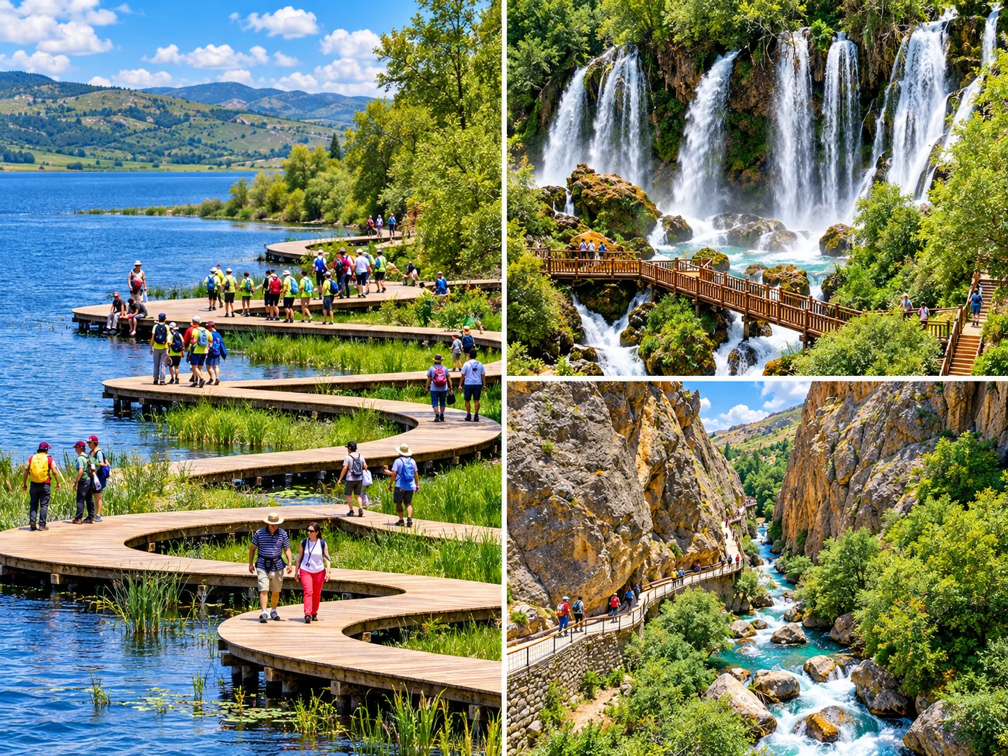 Nature collage: a lakeside wooden boardwalk, a multi-stream waterfall and a walking path along a canyon