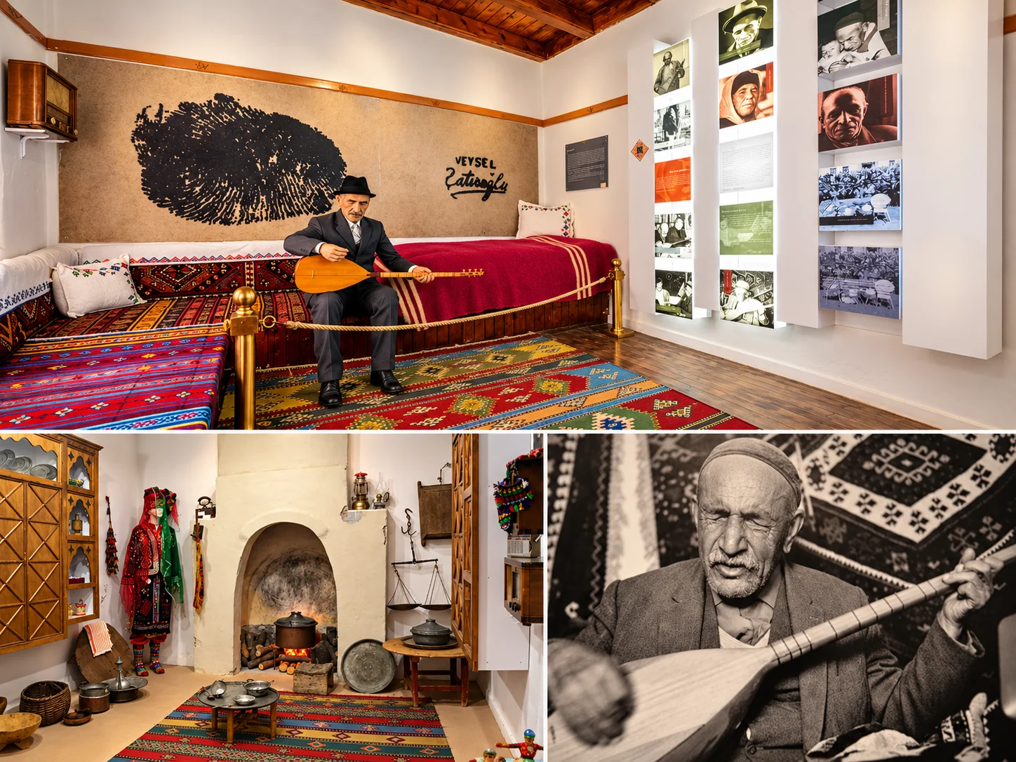 Âşık Veysel Museum collage: a figure playing the saz, a kilim-covered divan and a hearth room, and a black-and-white portrait of an elderly man with a saz
