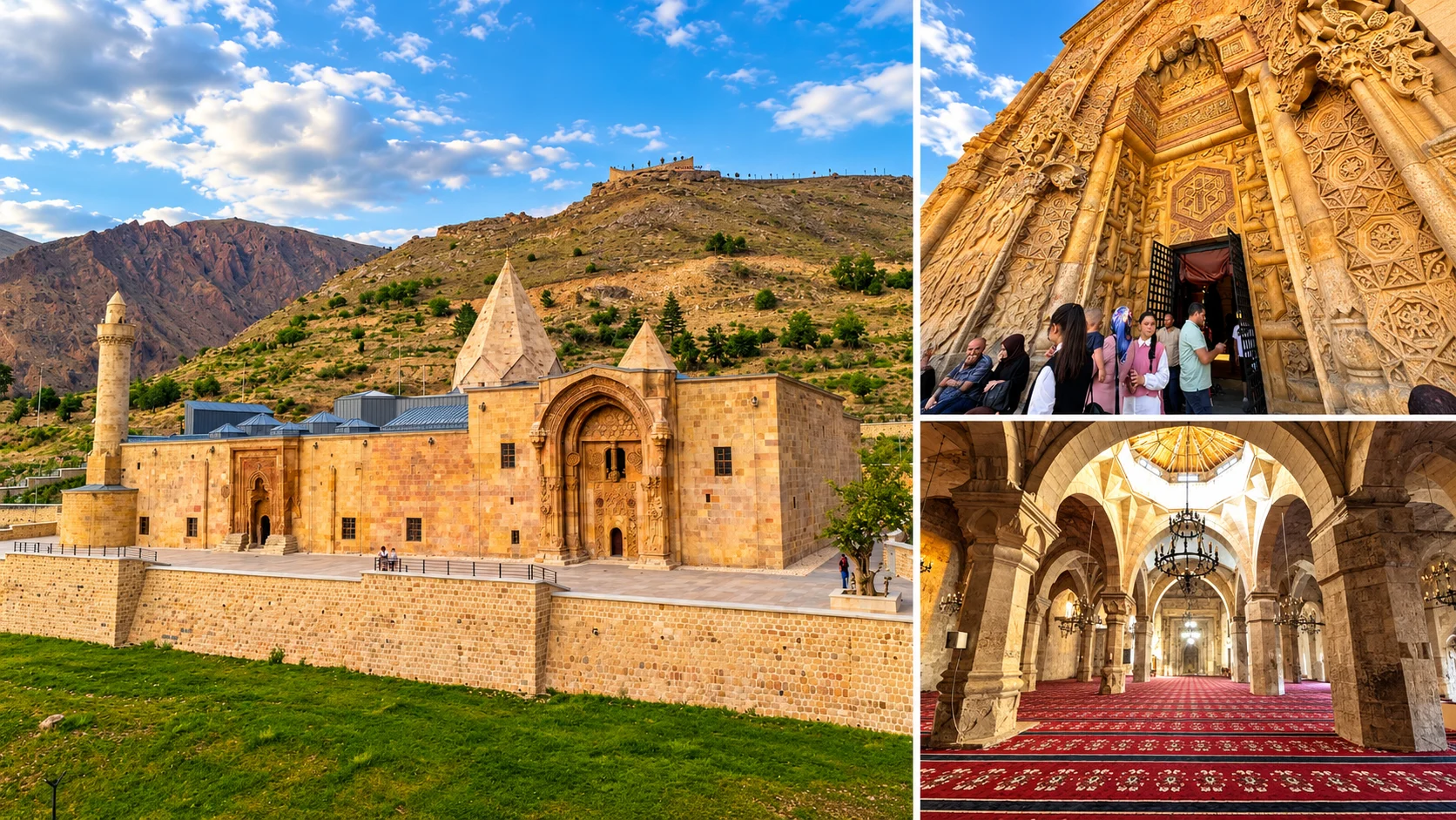 Divriği Great Mosque collage: stone mosque and hospital below a hillside, a carved stone portal and an arched prayer hall