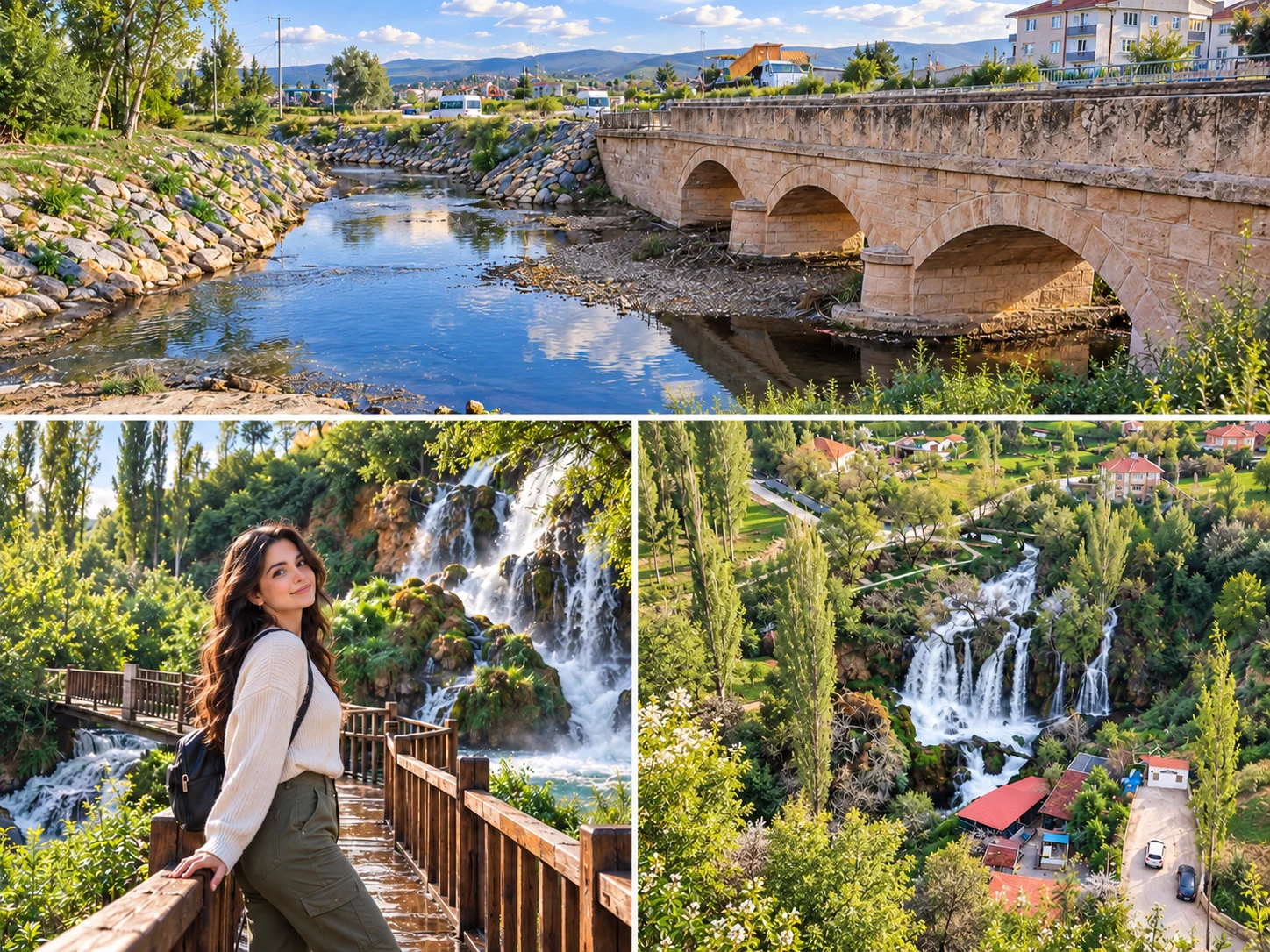 Gemerek collage: a stone arched bridge over a river, a waterfall platform with timber railings and a waterfall seen in a green valley