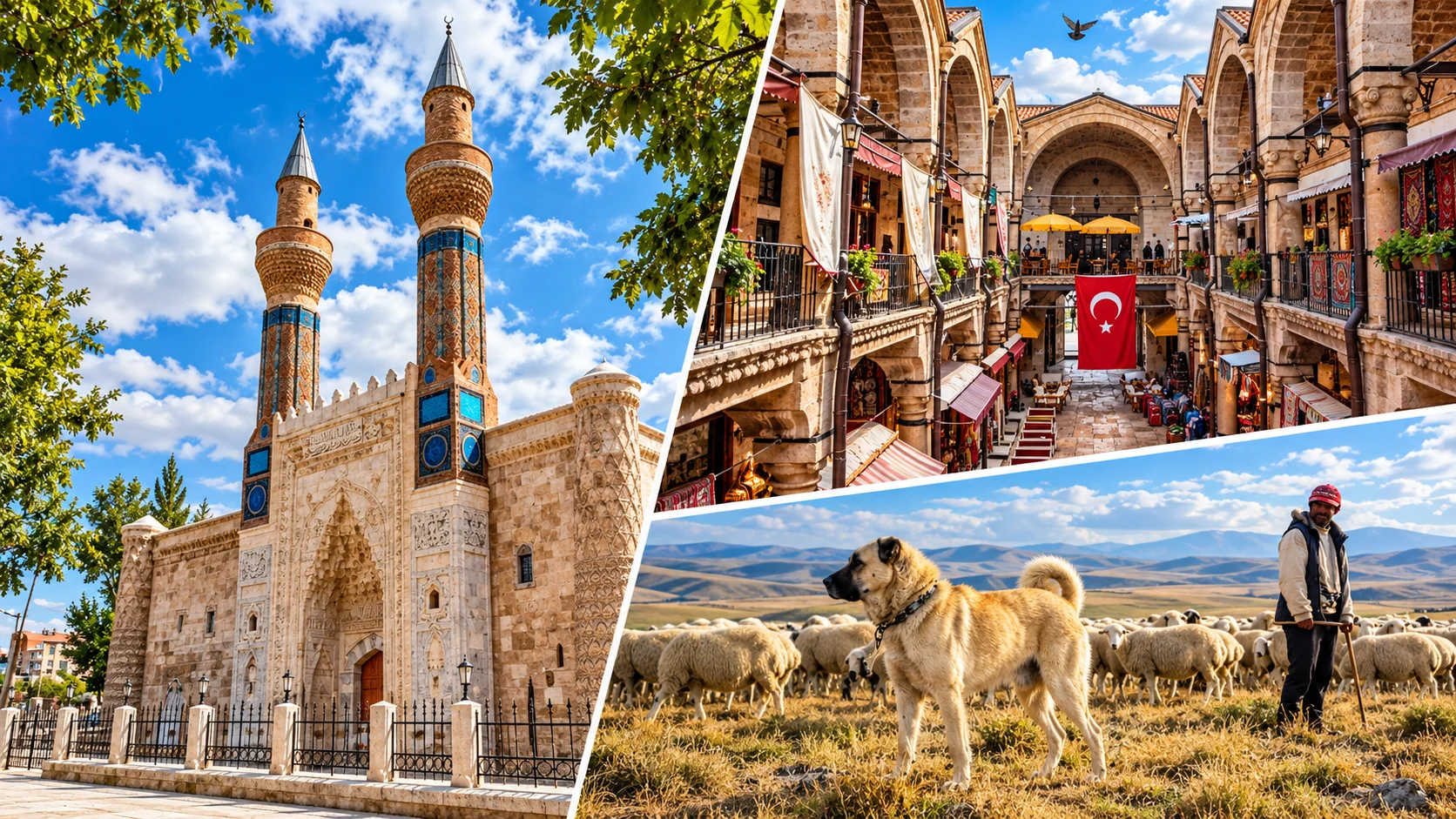 Sivas collage: a twin-minaret madrasa facade with tiled minarets, an arcaded stone caravanserai courtyard and a Kangal dog with a flock