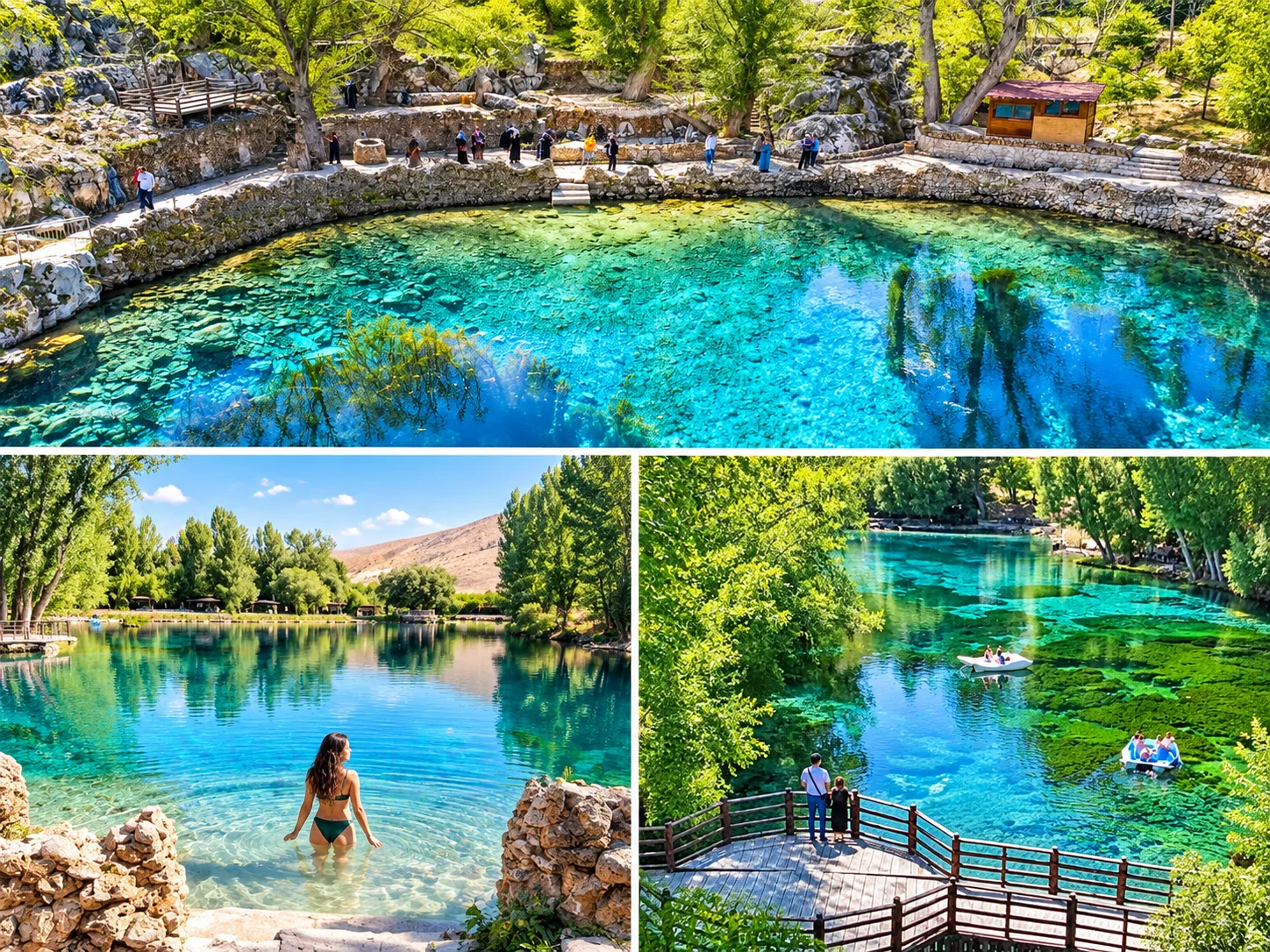 Lake Gökpınar collage: a turquoise spring lake edged by stone walls, someone wading at the shore and visitors on a wooden platform