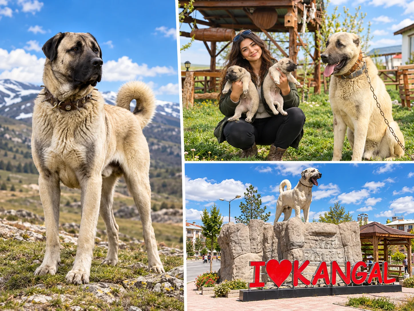 Kangal collage: a Kangal dog standing on a mountainside, a person with puppies and a district monument with an I love Kangal sign