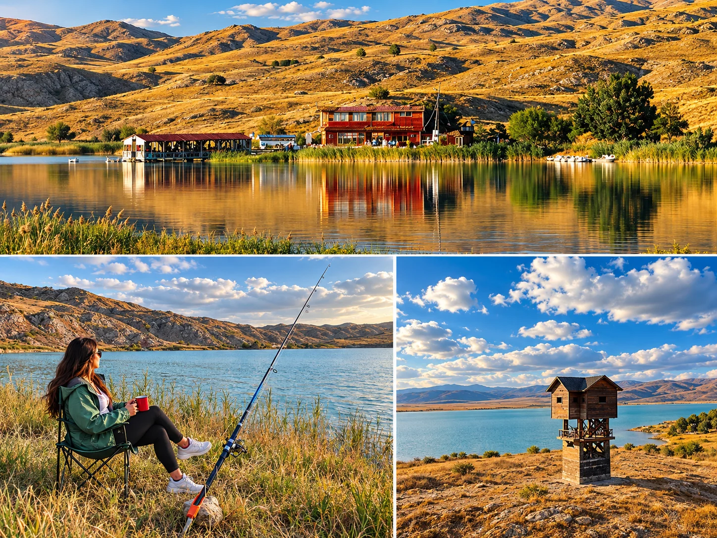 Lake Tödürge collage: a calm lake in front of dry golden hills, someone seated with a fishing rod on the shore and a wooden observation tower