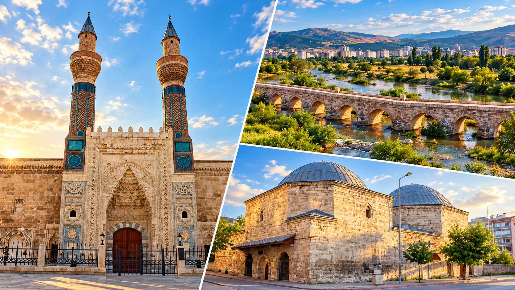 Sivas collage: a twin-minaret madrasa facade with tiled bands, a multi-arched stone bridge over a river and a domed stone building