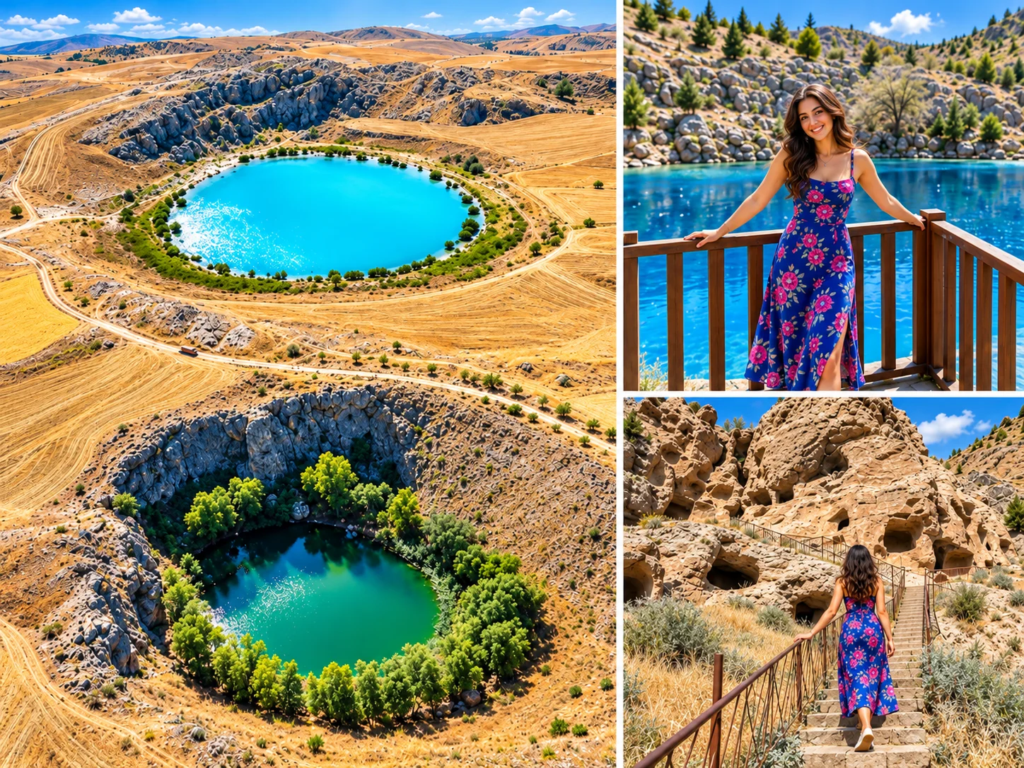 Zara collage: two turquoise and green pools in round depressions, a railed platform and a staircase on a rocky slope with carved cavities