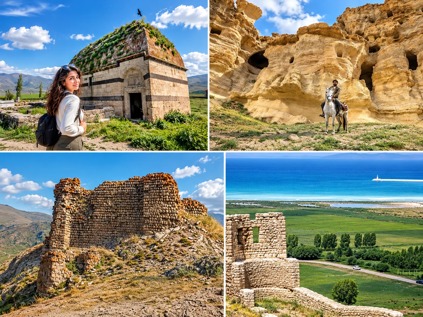 Collage of Hamur Kümbeti, Meya rock settlement in Diyadin, and Karlıca-Şoşik castle in Hamur