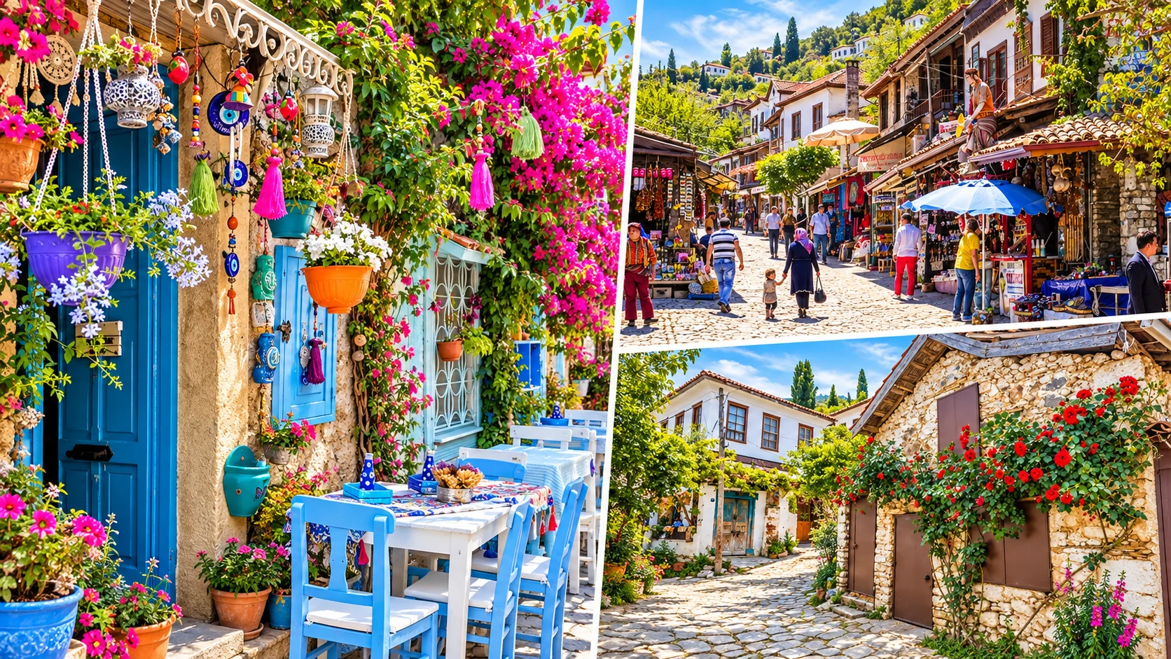 Cobblestone lane between whitewashed houses in Şirince