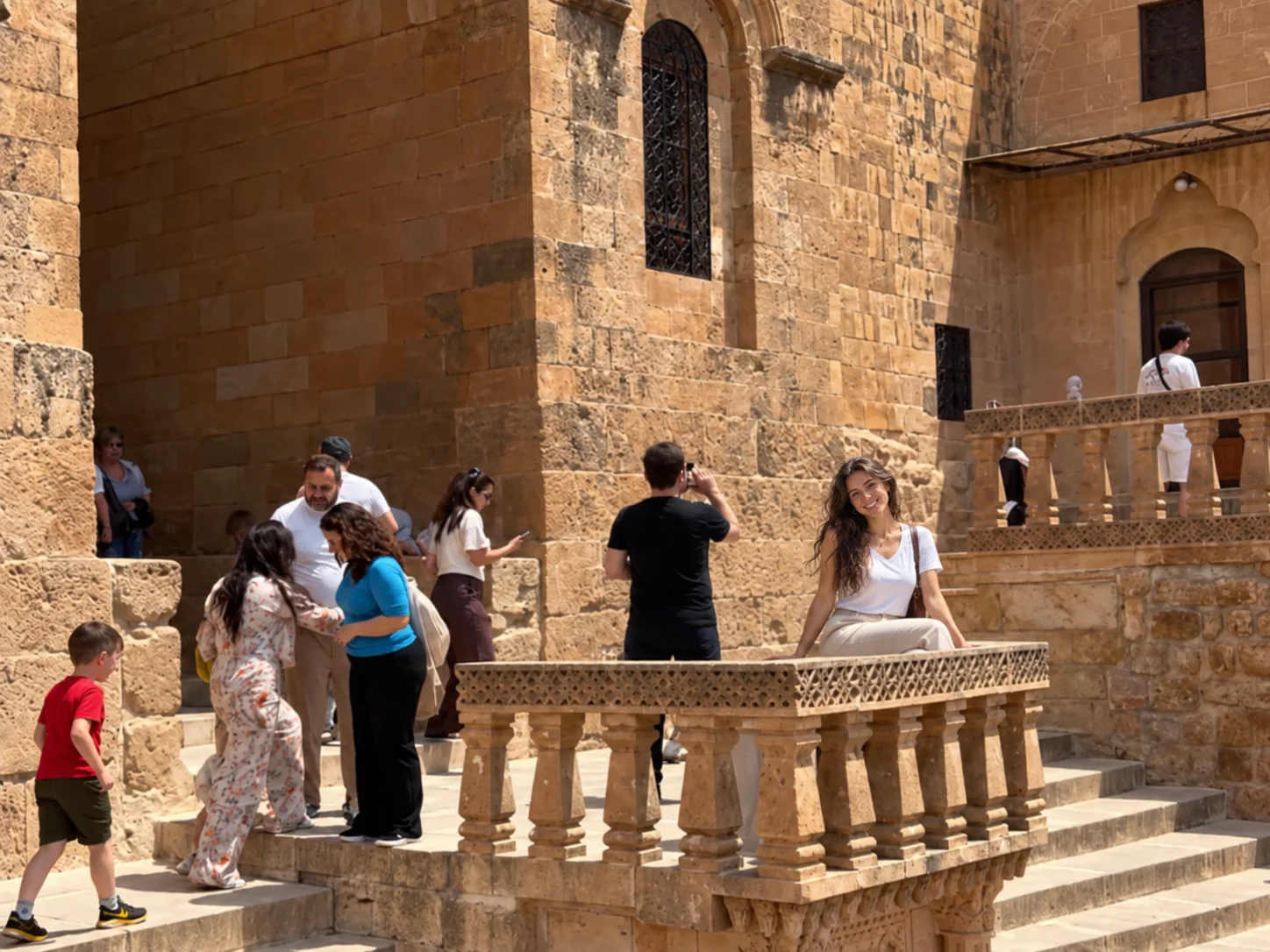 Honey limestone courtyard and balcony at Deyrulzafaran Monastery near Mardin