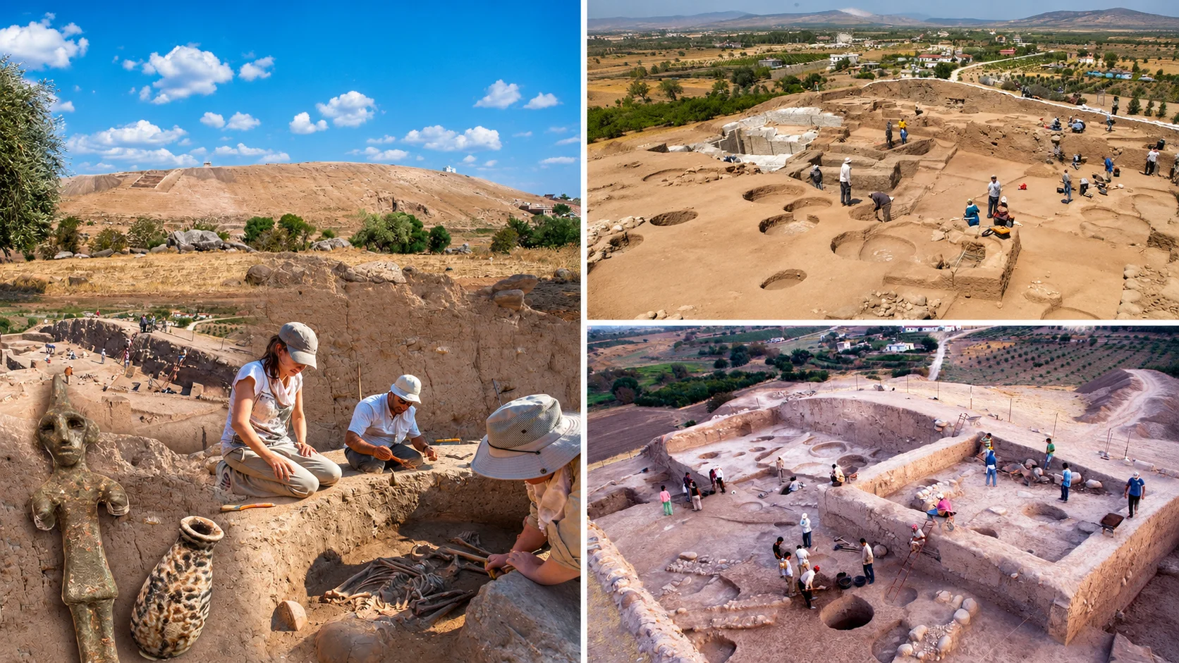 Collage of Oylum Höyük near Kilis: the mound, excavation trenches and archaeologists at work