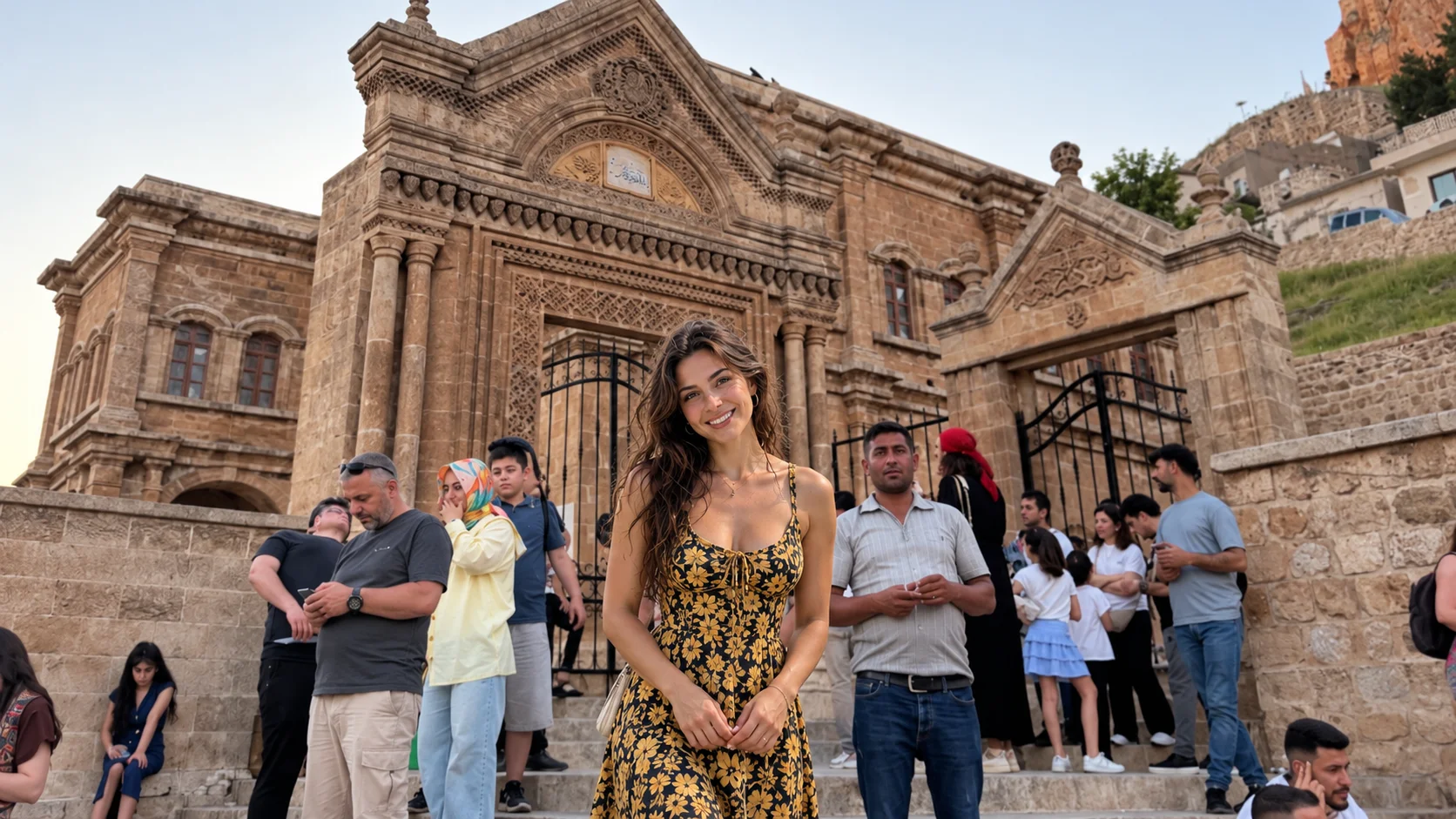 Visitor in front of a carved honey-limestone portal on a slope in Old Mardin