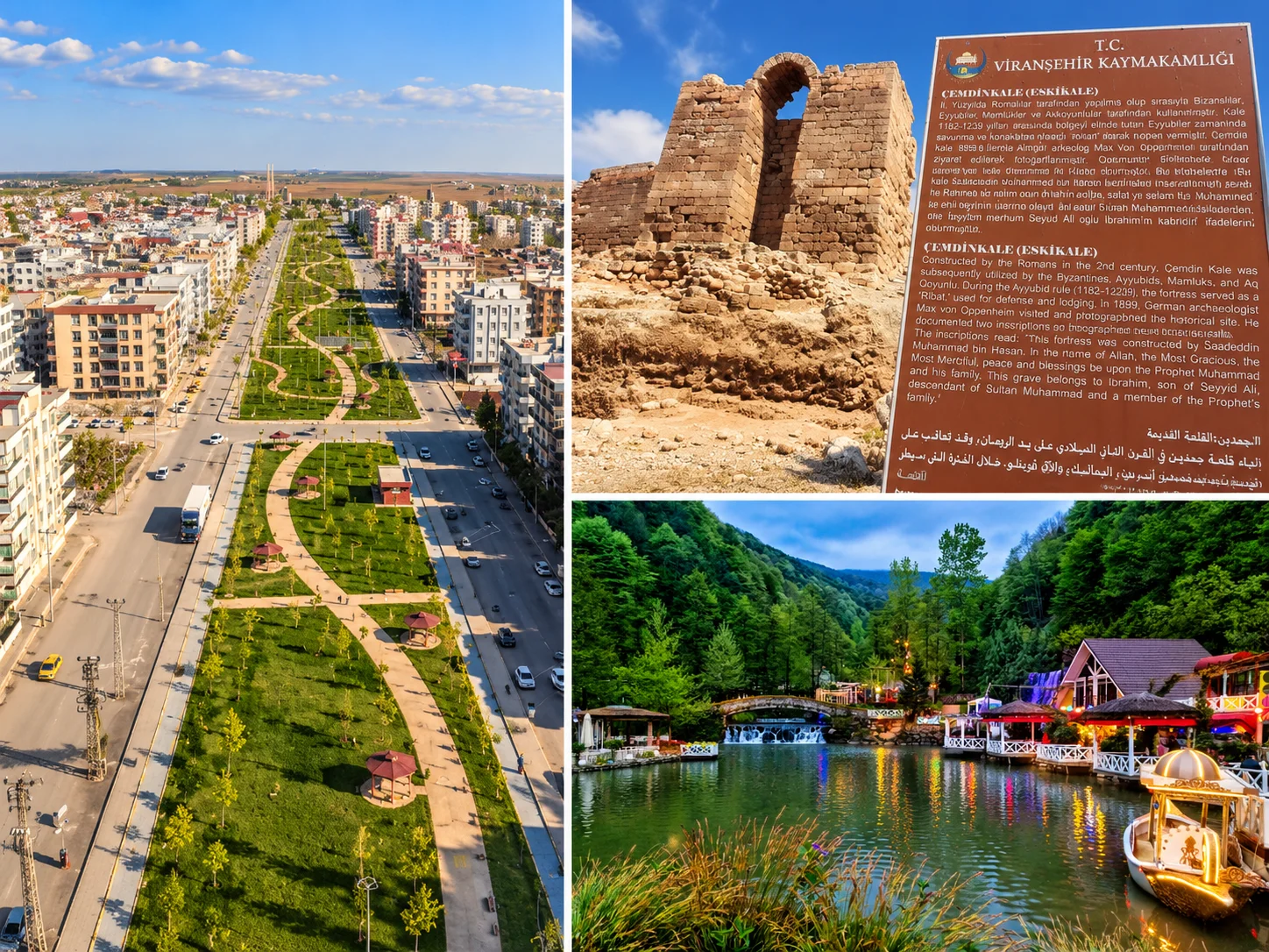 Collage of a Viranşehir boulevard, the Çemdinkale information board, and a lit waterfront panel