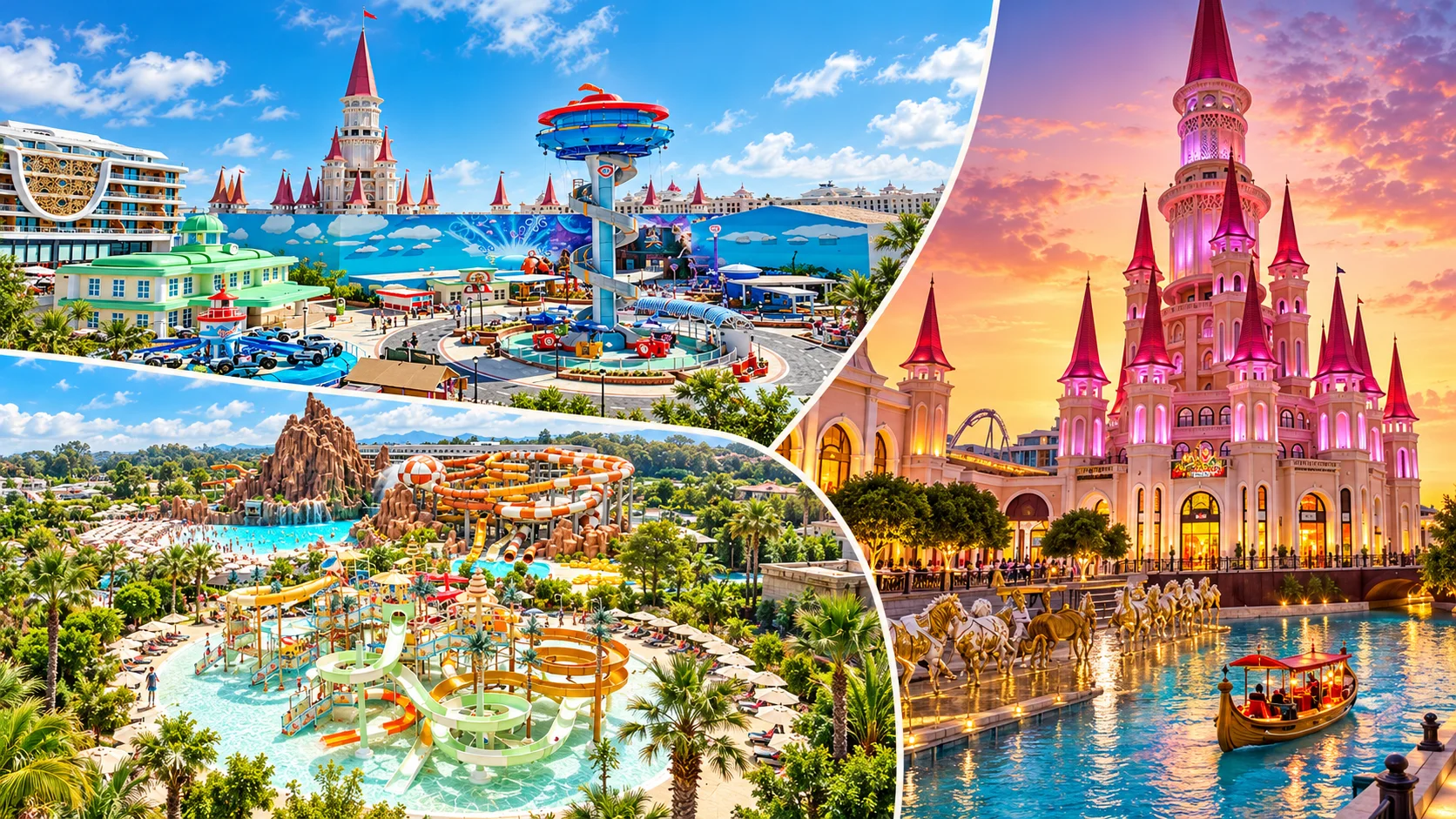 Collage of a character tower, a palm-lined water playground and a pink-lit castle beside a canal