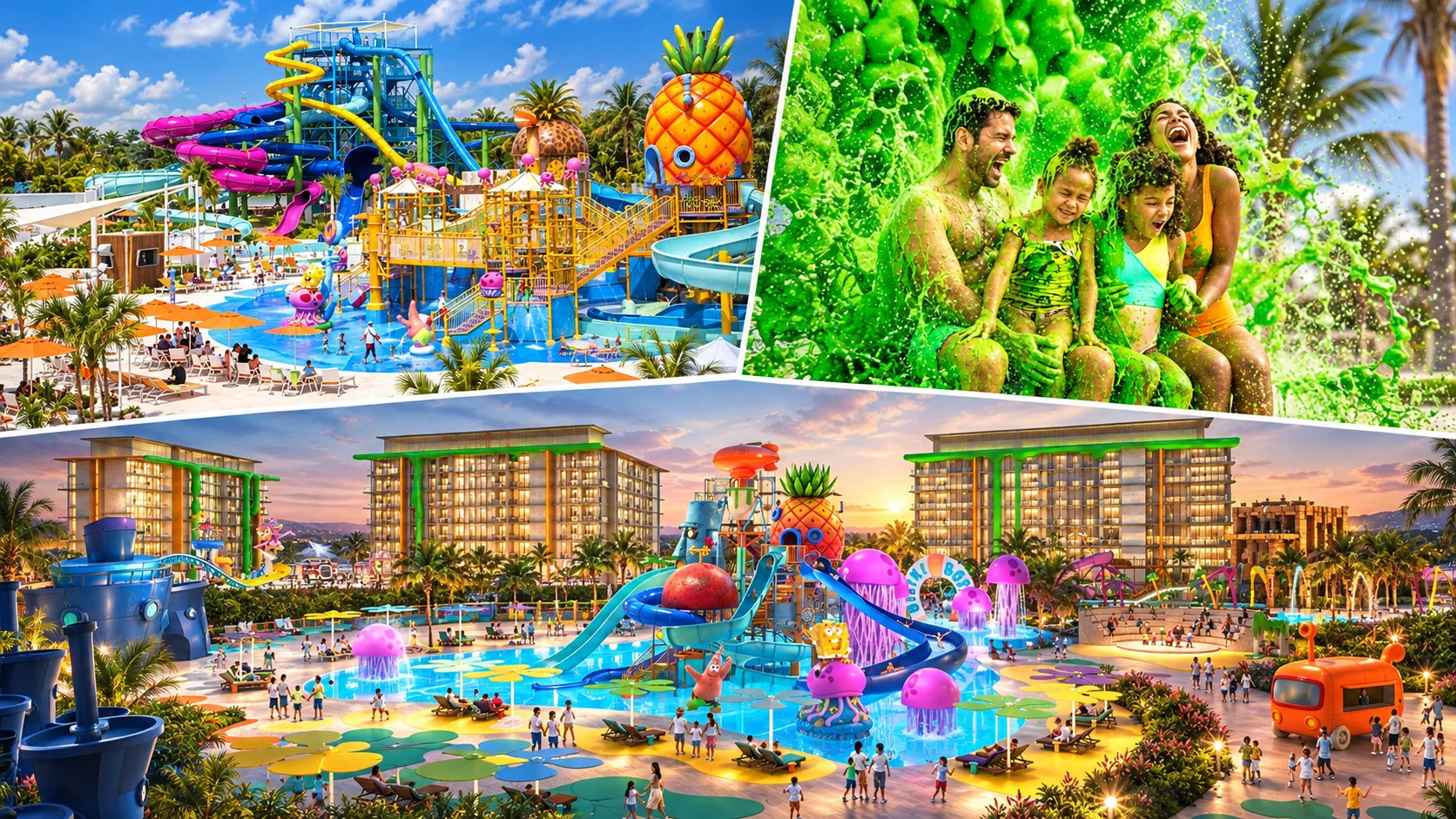 Pineapple structure, a green slime splash and a sunset courtyard with character statues between hotel blocks