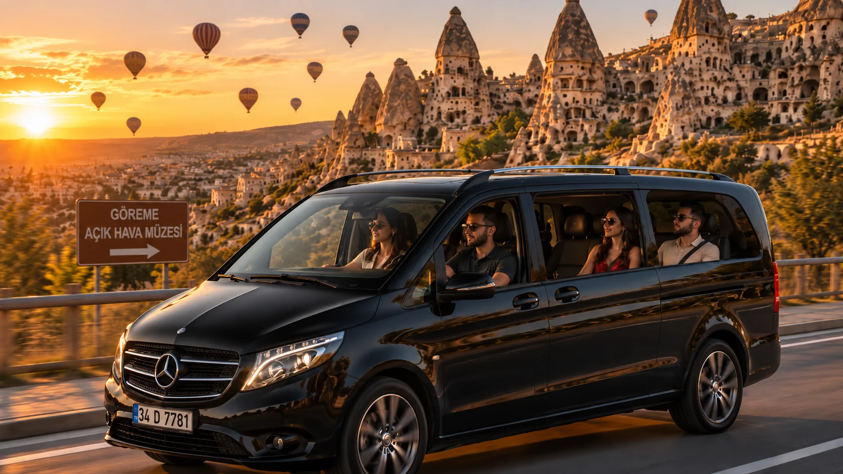 Furgoneta Mercedes negra en una carretera de Capadocia cerca de Göreme con globos en el cielo