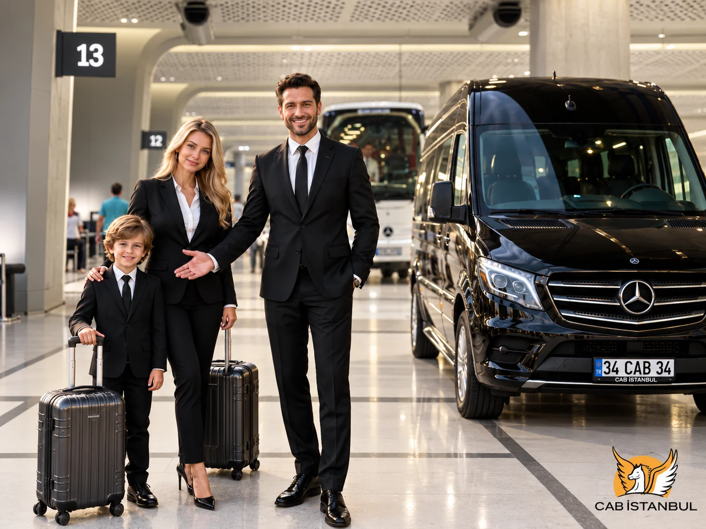 面带微笑的 Cab Istanbul 黑西装司机在现代化客运航站楼内的黑色奔驰商务车旁，迎接身穿同款黑色正装的女士与小男孩及银色行李箱
