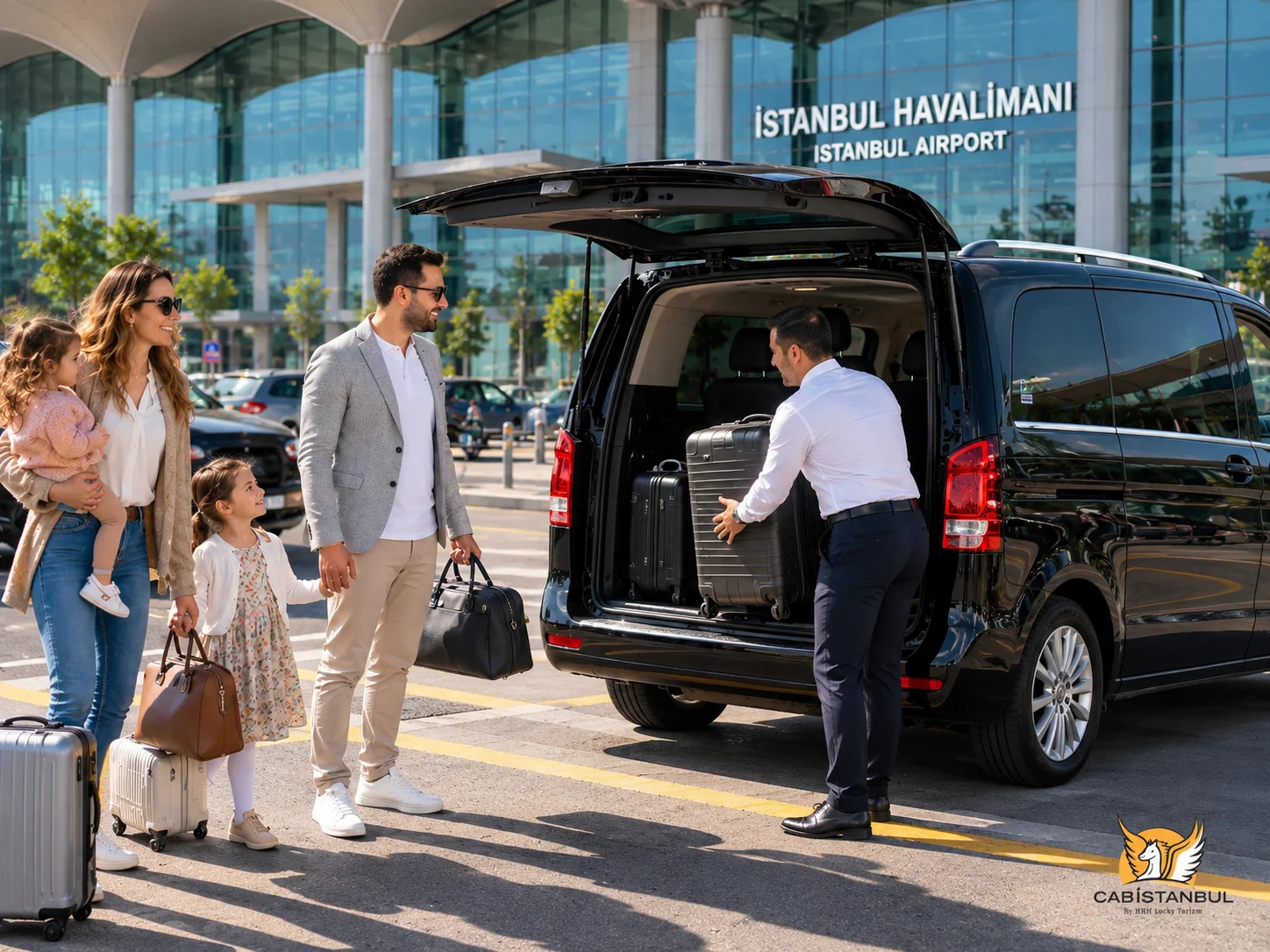 Профессиональный водитель Cab Istanbul укладывает серый чемодан в открытый багажник чёрного минивэна Mercedes-Benz перед стеклянным фасадом терминала аэропорта Стамбула для семьи с двумя детьми