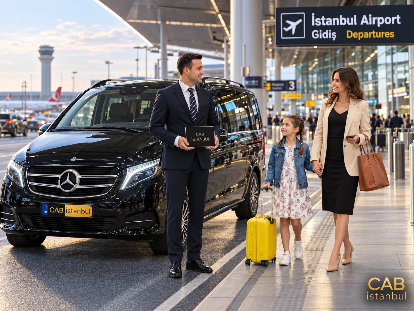 Водитель Cab Istanbul в тёмно-синем костюме с табличкой на планшете встречает женщину с дочерью и жёлтым чемоданом у чёрного минивэна Mercedes-Benz в аэропорту Стамбула IST