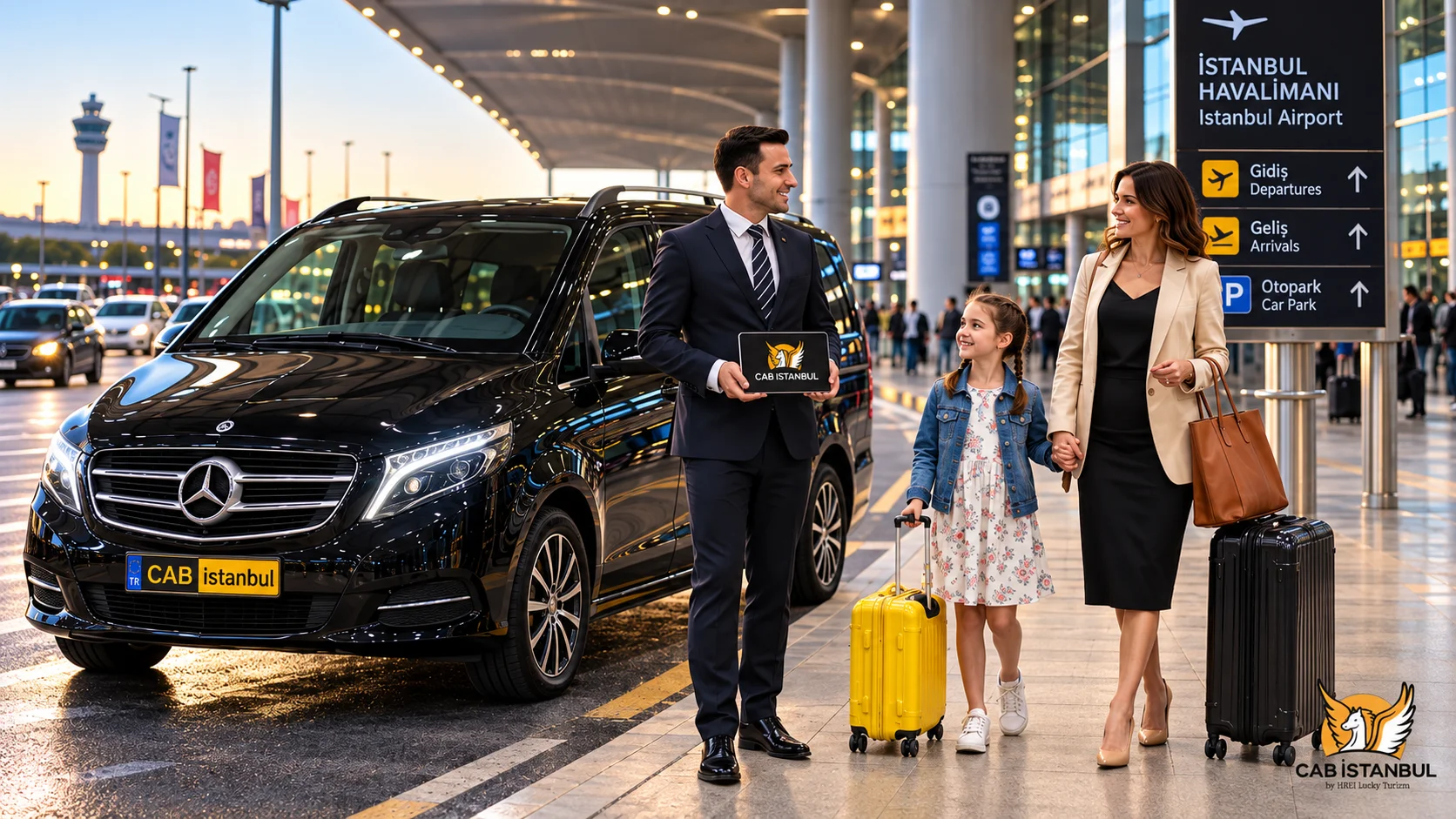 Шофёр Cab Istanbul с планшетом стоит у чёрного минивэна Mercedes-Benz на фоне указателя направлений прилёта и вылета аэропорта Стамбула (IST), встречая женщину с ребёнком и чемоданами на закате