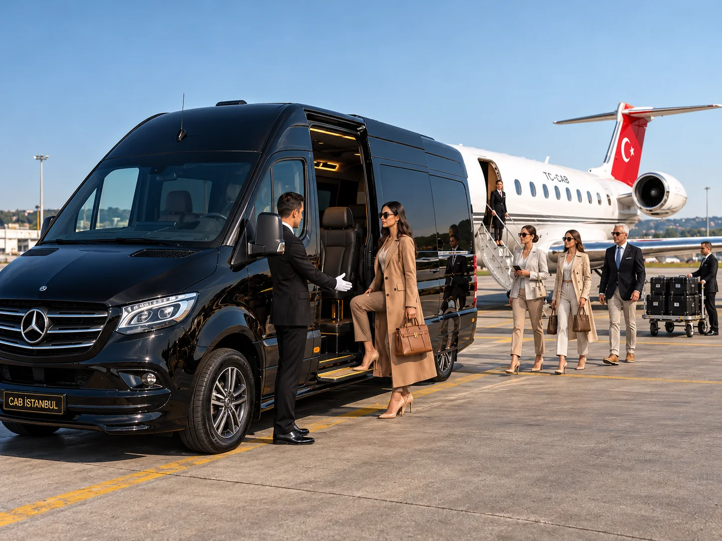 سائق يرتدي قفازات بيضاء يفتح باب سيارة مرسيدس سبرينتر VIP تحمل لوحة CAB ISTANBUL لركاب ينزلون من طائرة خاصة على أرض المهبط