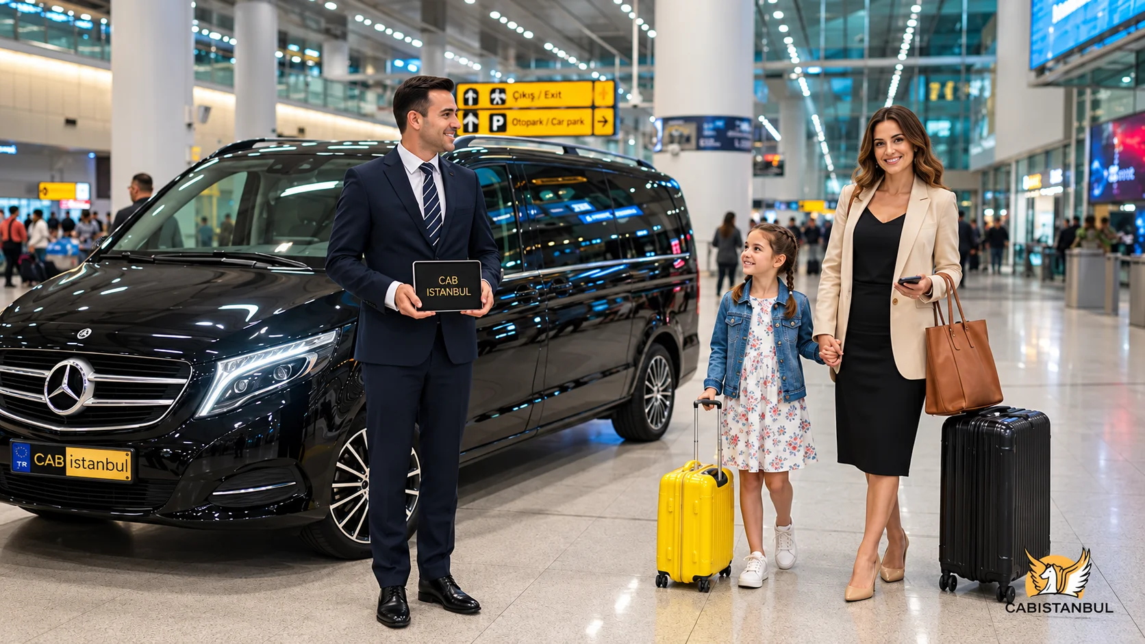 Professioneller Chauffeur von Cab Istanbul im dunklen Anzug mit Begrüßungsschild neben einem schwarzen Mercedes-Benz V-Class Van empfängt eine Mutter und ihre Tochter mit Koffern im Terminal des Flughafens Istanbul