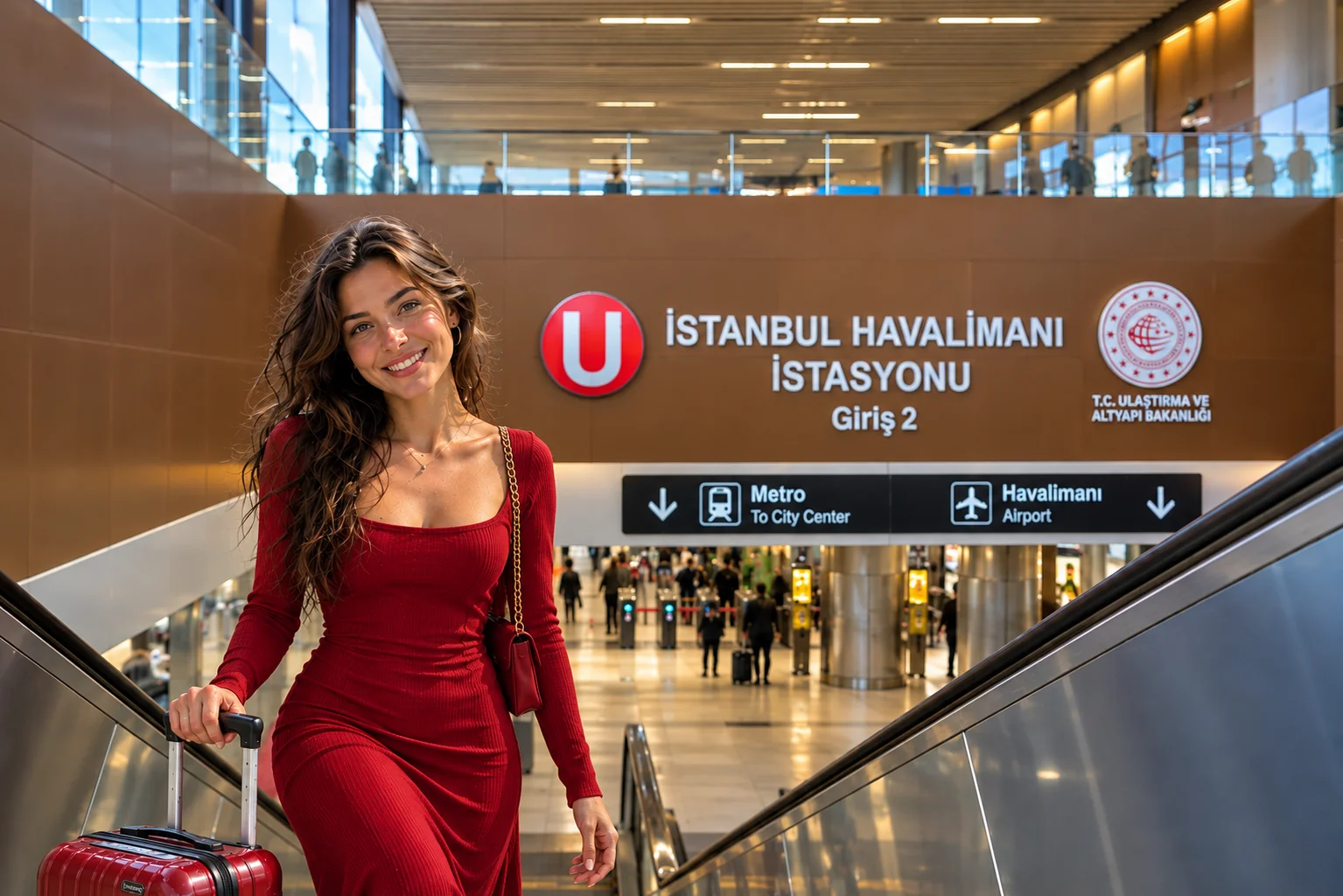 Lächelnde junge Reisende im roten Kleid mit rotem Handgepäckkoffer auf der Rolltreppe vor dem Eingang 2 der Metrostation Flughafen Istanbul mit dem roten U-Symbol