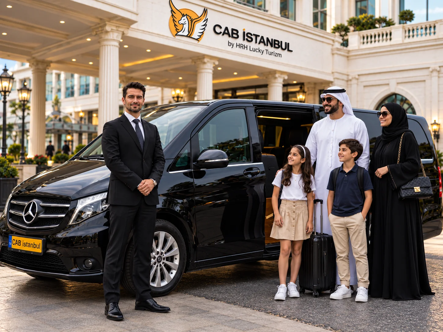 Chauffeur im dunklen Anzug steht neben einem schwarzen Mercedes-Benz Vito mit geöffneter Schiebetür und begrüßt eine vierköpfige Familie mit zwei Kindern und Reisekoffer