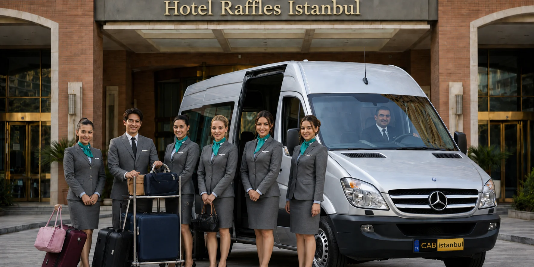 Sechs uniformierte Empfangs- und Hostess-Mitarbeiter mit türkisfarbenen Halstüchern und Gepäckwagen stehen vor einem silbernen Mercedes-Benz Sprinter Shuttle vor dem Eingang des Hotels Raffles Istanbul