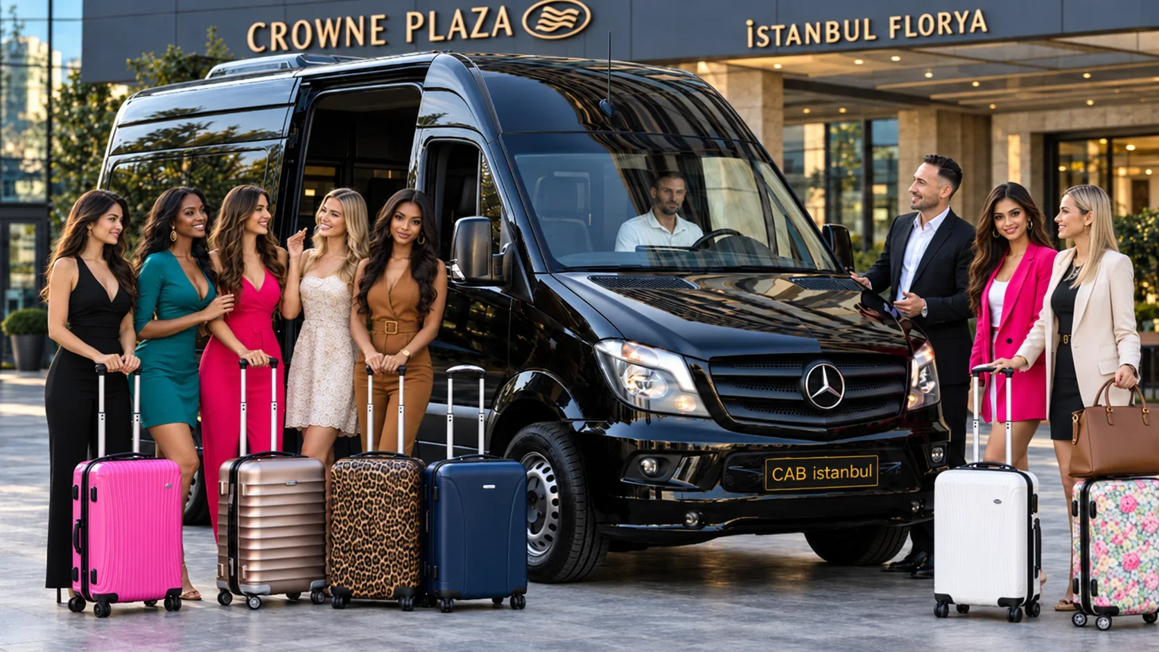 Gruppe von acht elegant gekleideten Reisenden mit bunten großen Hartschalenkoffern vor einem schwarzen Mercedes-Benz Sprinter VIP-Minibus am Eingang des Hotels Crowne Plaza Istanbul Florya