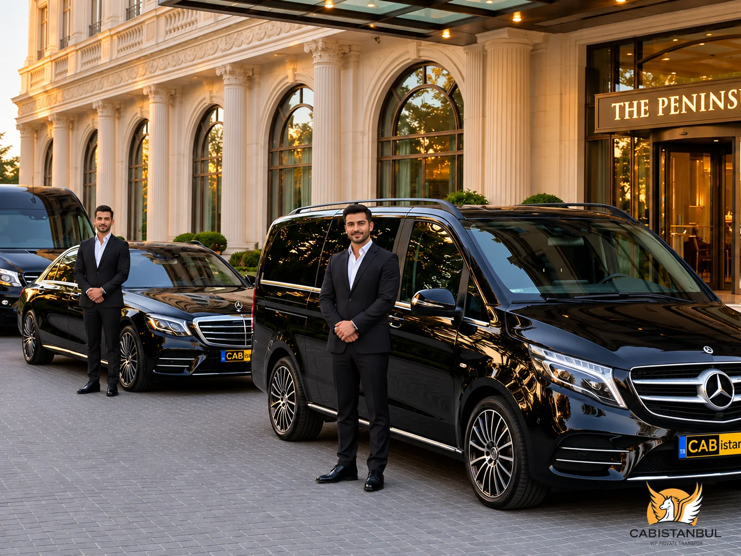 Black Mercedes-Benz V-Class executive van, S-Class sedan, and Sprinter minibus parked at the entrance of The Peninsula Istanbul with two professional chauffeurs in black suits
