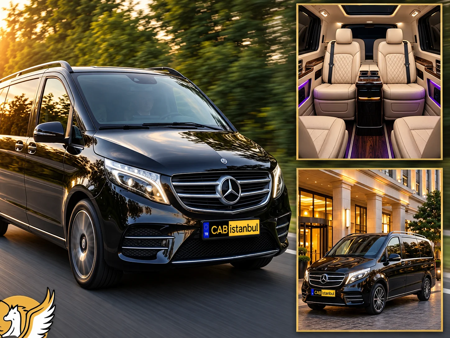 Three-panel composite showing a black Mercedes-Benz van driving at sunset, a diamond-stitched cream leather VIP cabin with purple ambient LED lighting, and an evening hotel forecourt pickup