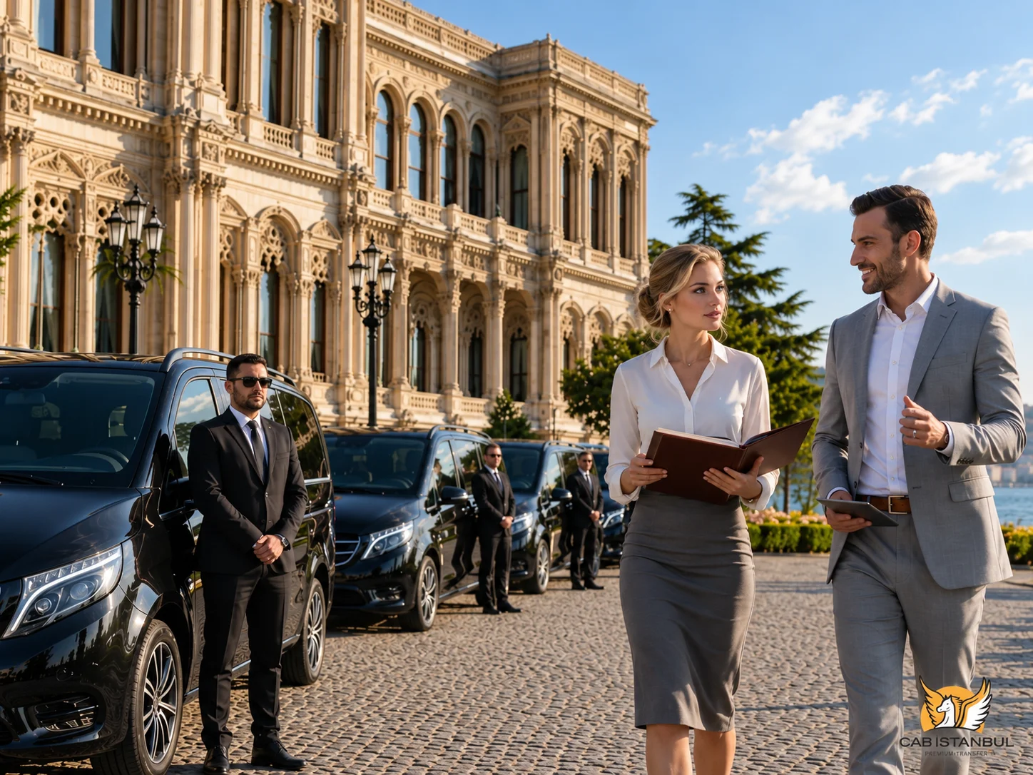 Three black Mercedes-Benz V-Class and Vito vans lined up in front of an ornate historic palace facade on the Bosphorus with uniformed chauffeurs and two corporate executives walking in the foreground