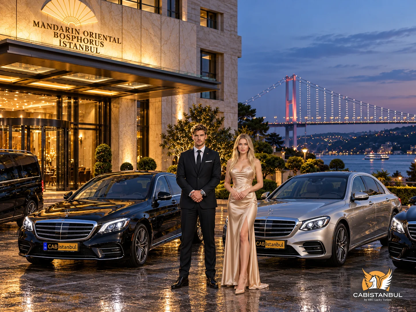 Professioneller Chauffeur im schwarzen Anzug und Fahrgast im Abendkleid zwischen zwei Mercedes-Benz S-Klasse Limousinen vor dem Mandarin Oriental Bosphorus Istanbul mit der beleuchteten Bosporus-Brücke im Hintergrund
