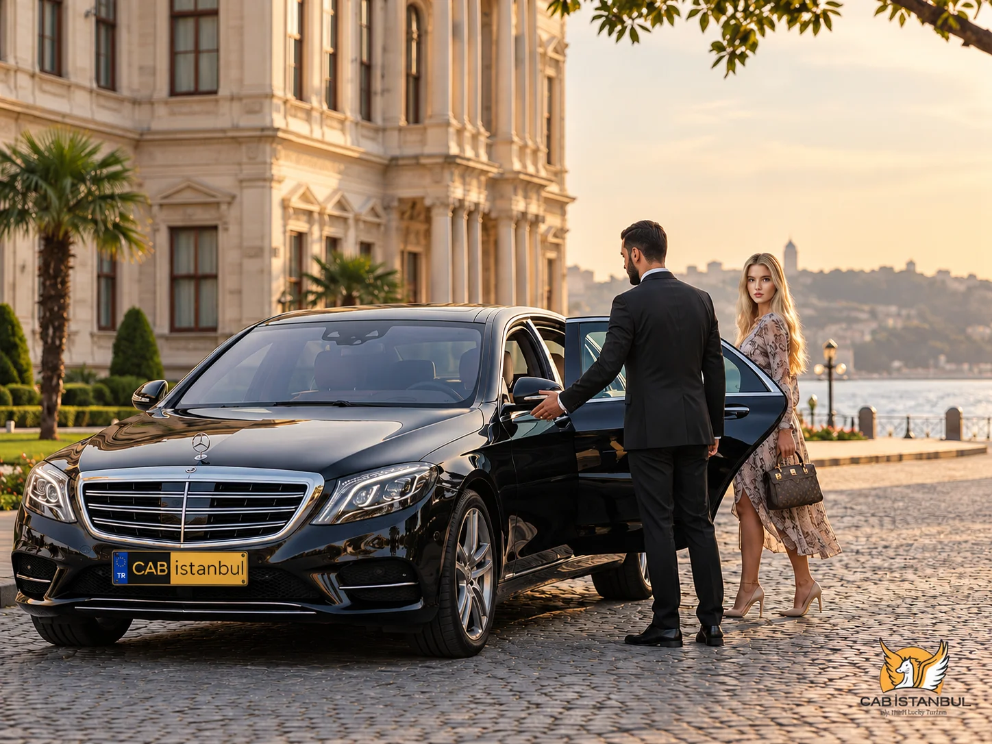 Chauffeur im schwarzen Anzug öffnet bei Sonnenuntergang vor einem historischen Palast am Bosporus die Fondtür einer schwarzen Mercedes-Benz S-Klasse mit Kennzeichen CAB istanbul