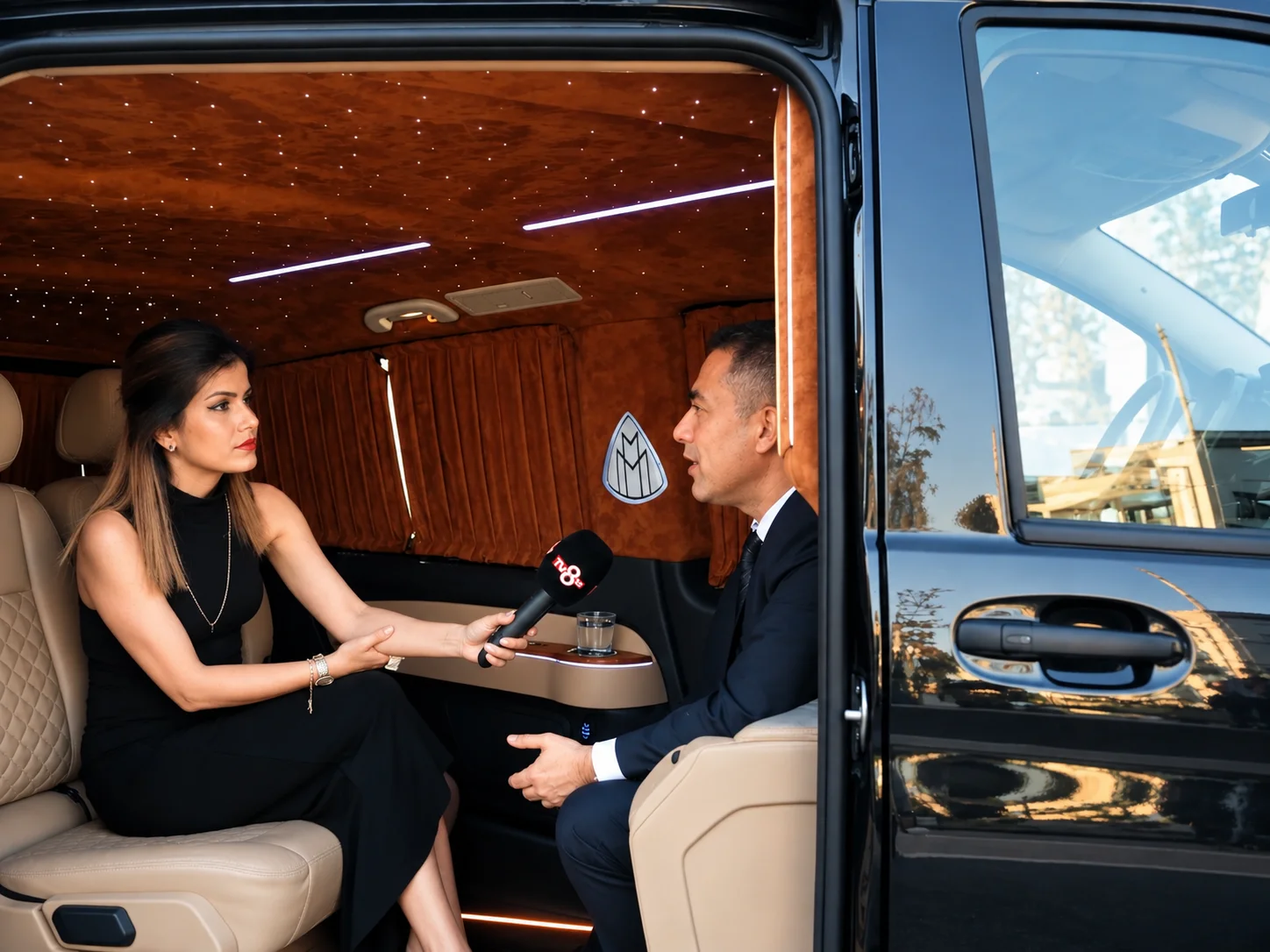 TV8.5-Moderatorin interviewt einen Geschäftsmann im dunklen Anzug im Fond eines schwarzen VIP Mercedes Vans mit rautengesteppten hellbraunen Ledersitzen und Sternenhimmel-Decke