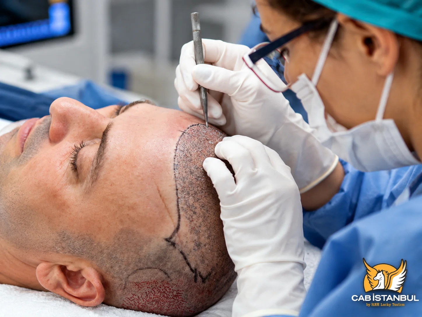 Steriles klinisches Umfeld während einer Haartransplantation in Istanbul — verdeutlicht, warum Patienten für die Rückfahrt ins Hotel einen Mercedes-Van mit hoher Kopffreiheit vorbestellen