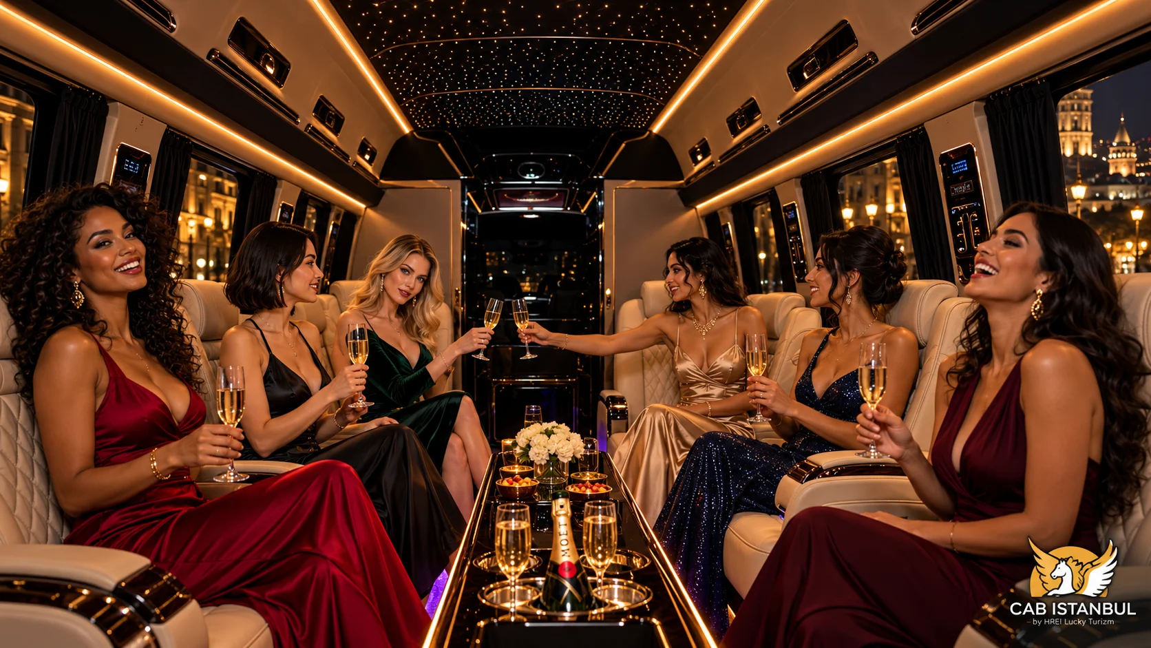 ست ضيفات بفساتين سهرة أنيقة يحتفلن داخل مقصورة ليموزين VIP فاخرة بسقف نجوم مضيء وإطلالة ليلية على برج غلطة في إسطنبول