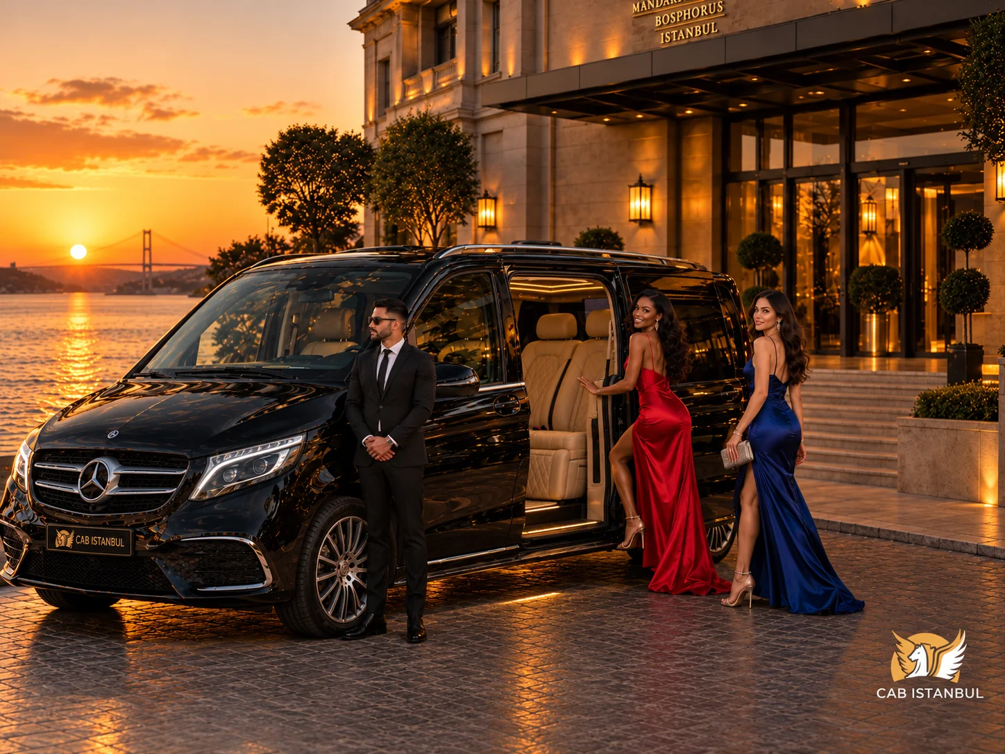 فان ليموزين مرسيدس V-Class أسود بباب جانبي مفتوح يكشف عن مقاعد جلدية بيج مطرزة وسائق ببدلة رسمية مع ضيفتين بفساتين سهرة أمام فندق ماندارين أورينتال البوسفور عند الغروب