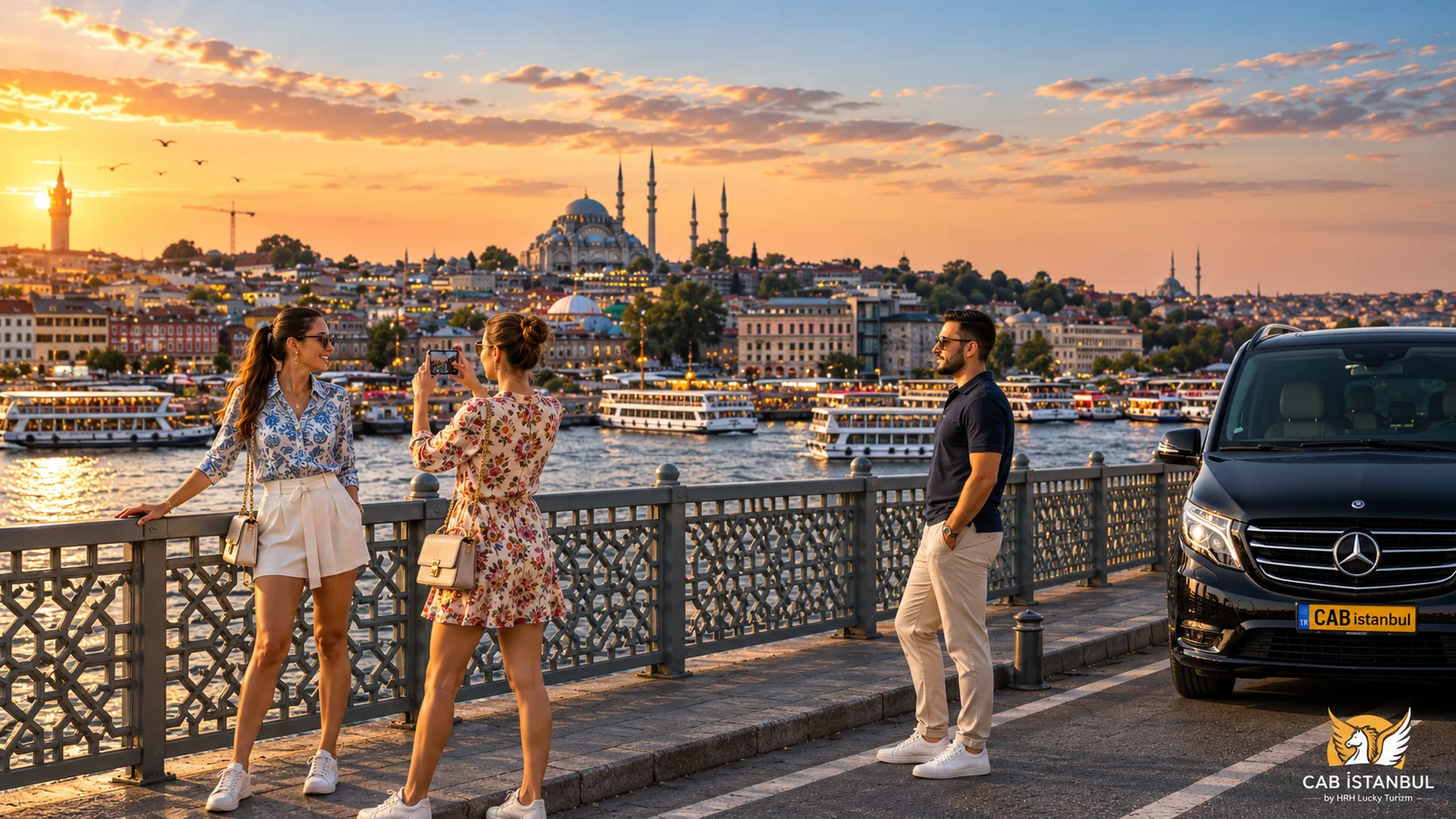 两位旅客在加拉塔大桥上看日落，身旁是Cab Istanbul黑色奔驰V级与司机，背景为苏莱曼尼耶清真寺