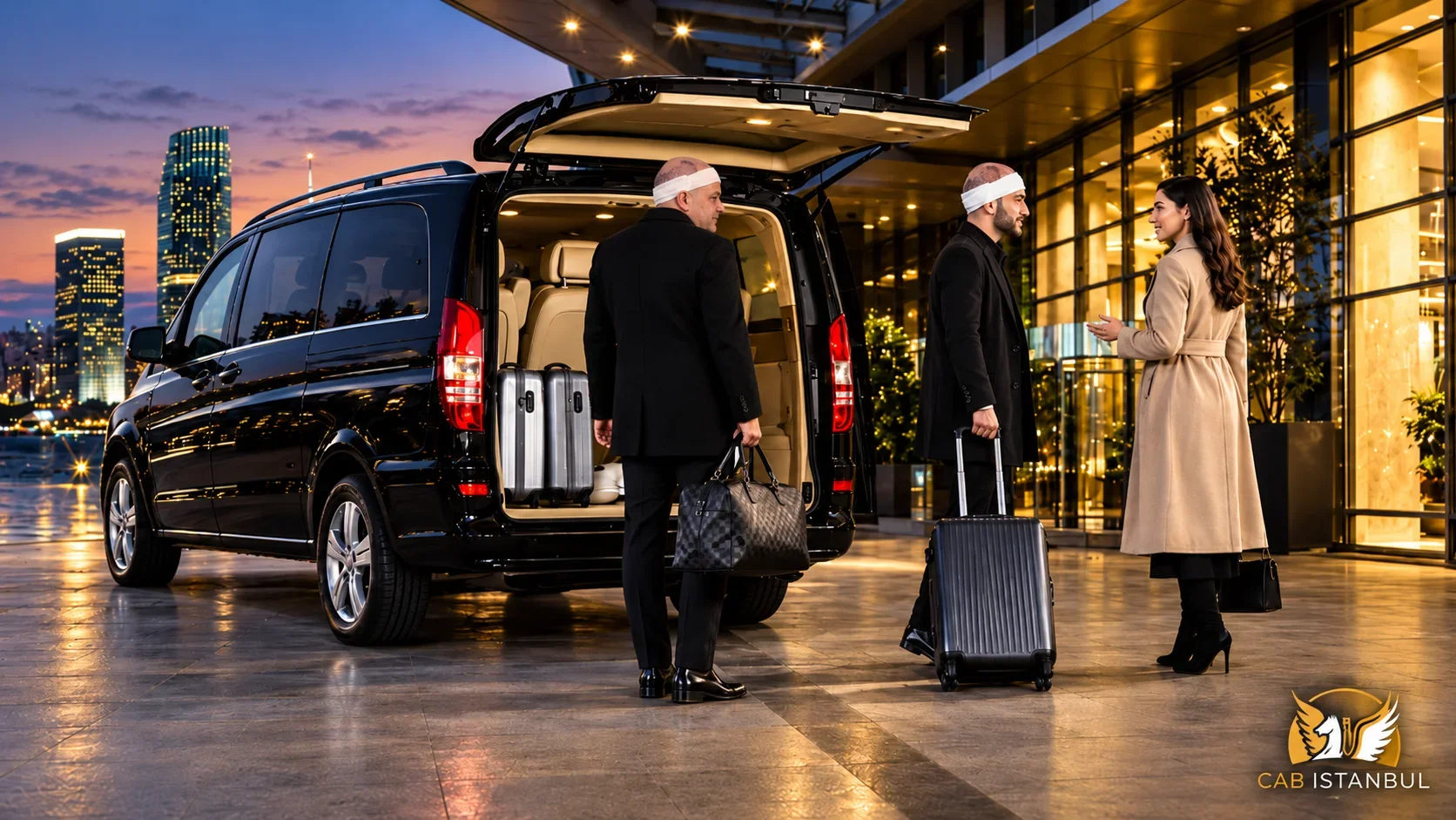 Two men wearing head bandages beside a black van with the rear hatch open at a hotel entrance at dusk, with a woman and several suitcases