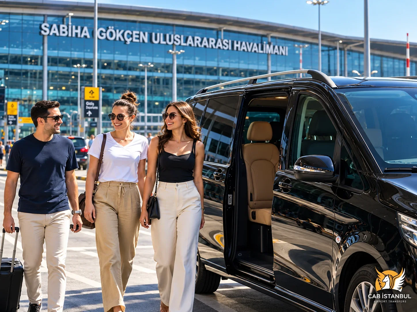 Three travellers with a suitcase walking toward the open door of a black van in front of the Sabiha Gökçen International Airport terminal