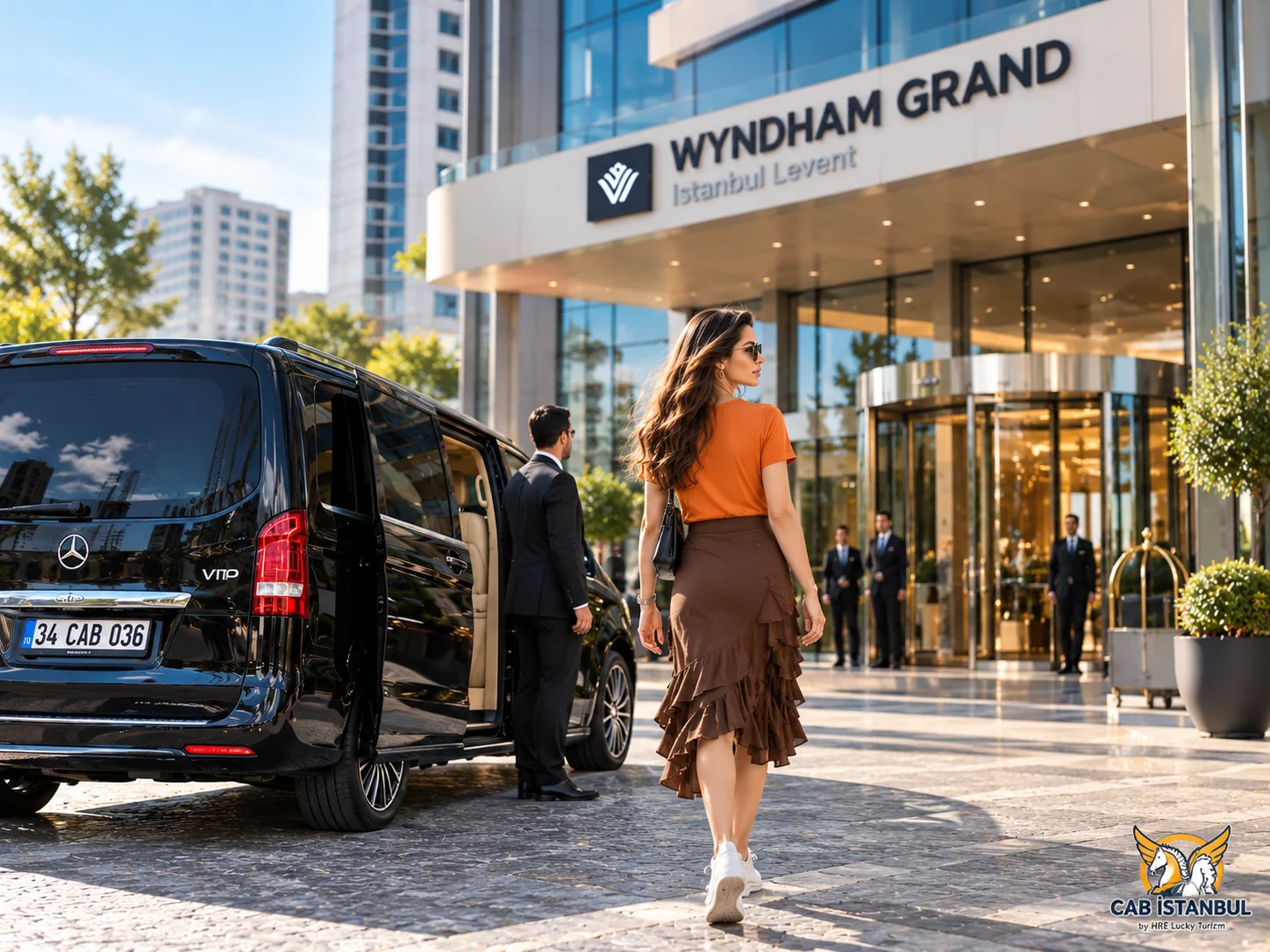 Guest walking toward a black Mercedes Vito with plate 34 CAB 036 outside the Wyndham Grand Istanbul Levent entrance