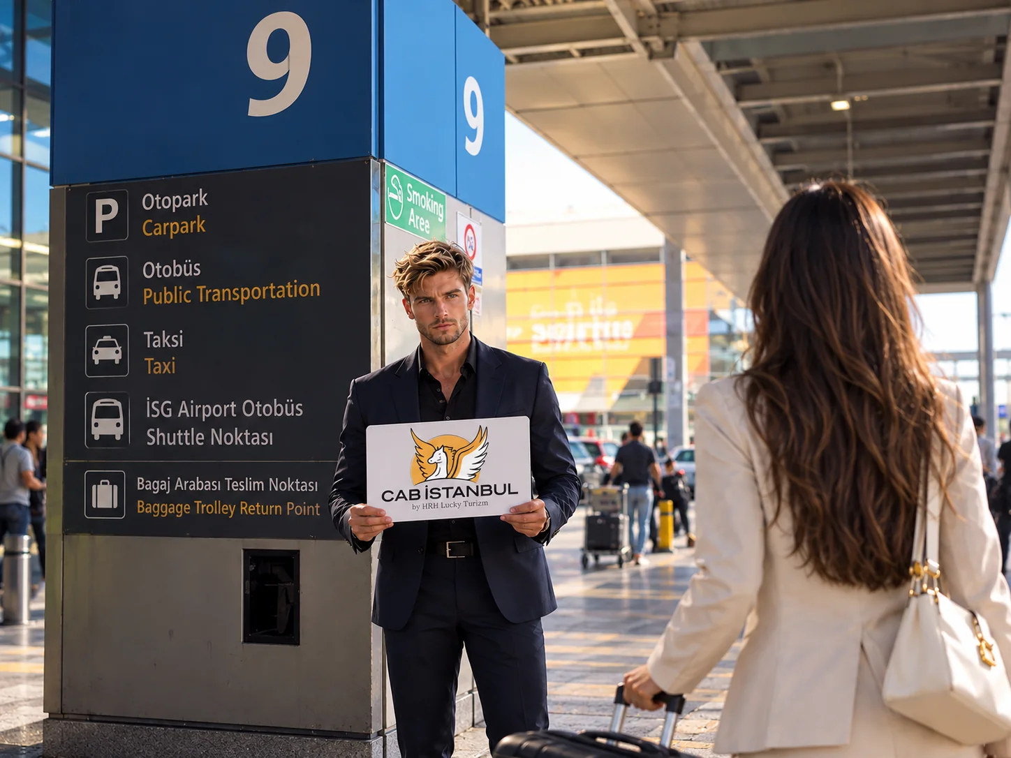 Chauffeur in a dark suit holding a CAB İSTANBUL name board beside a kerbside information column marked 9, with signs for car park, public transport, taxi and the ISG airport shuttle