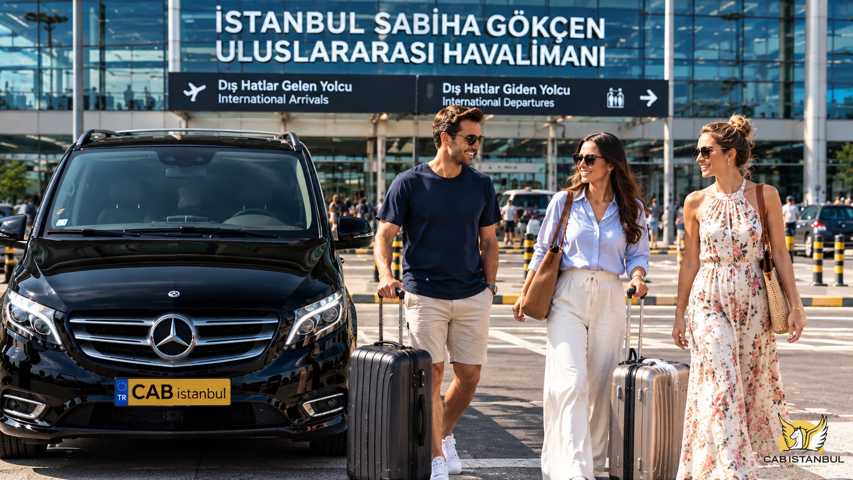 Three travellers with suitcases beside a black Mercedes Vito with a CAB istanbul plate, in front of the International Arrivals sign at Sabiha Gökçen