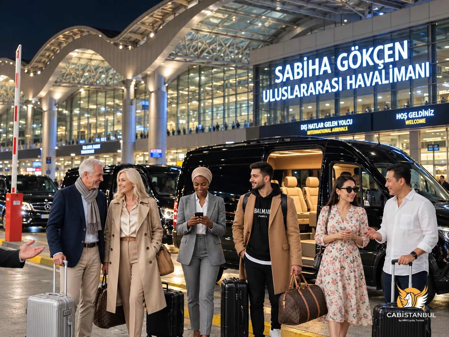 A group of travellers with suitcases beside a black Mercedes Sprinter at night under the Sabiha Gökçen International Arrivals and Welcome signs