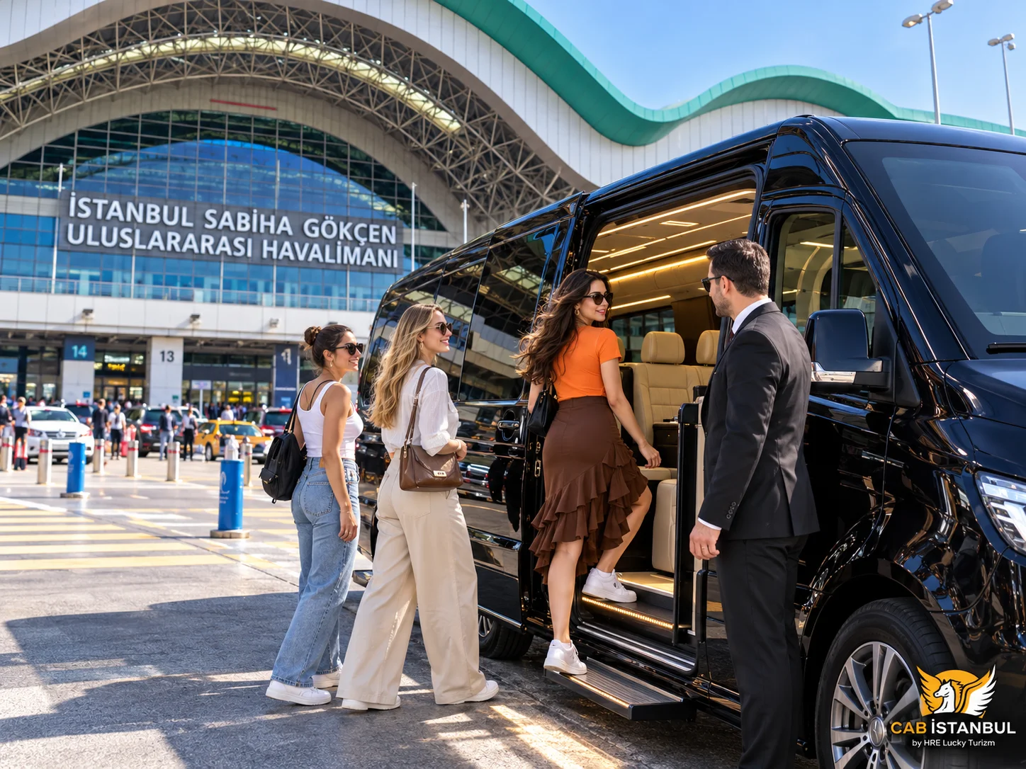 Three women boarding a black Mercedes Sprinter with a chauffeur at the Sabiha Gökçen terminal front